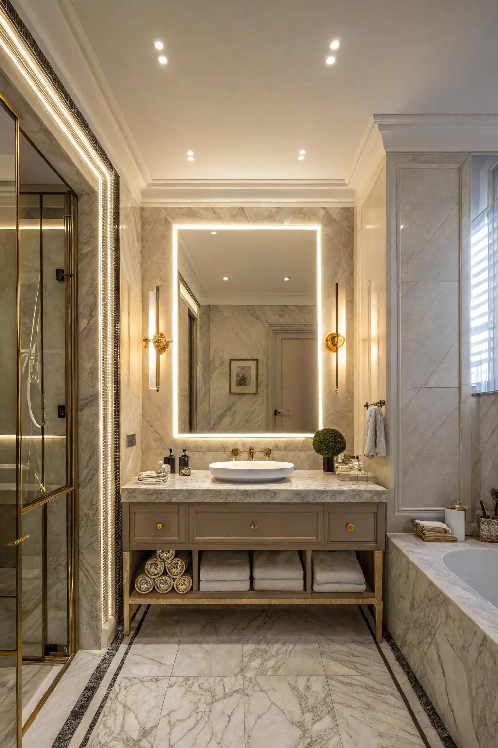 Backlit mirrors emit a soft glow during a shower.