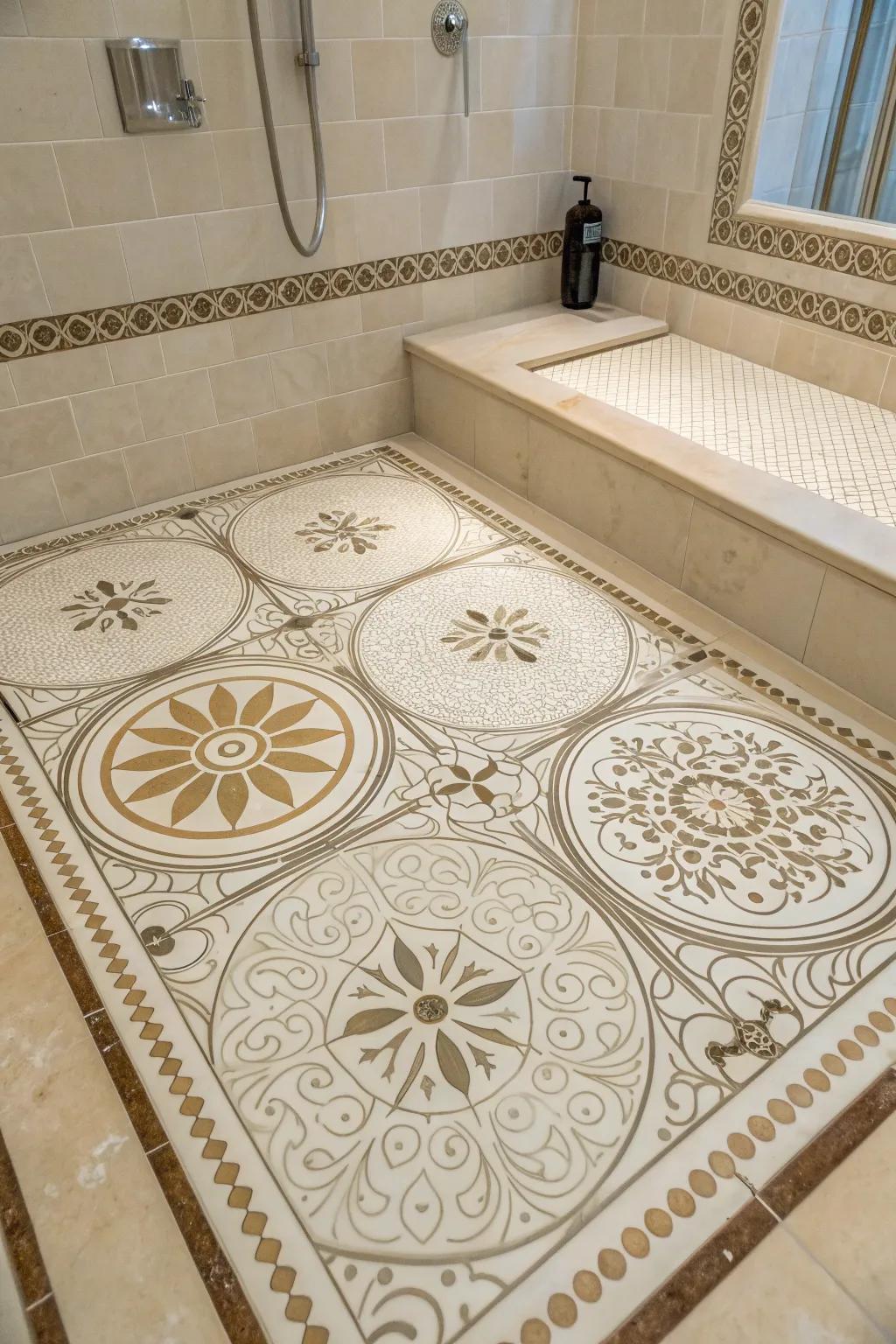 Intricate waterjet tile patterns craft an artistic and high-end look on this shower space.