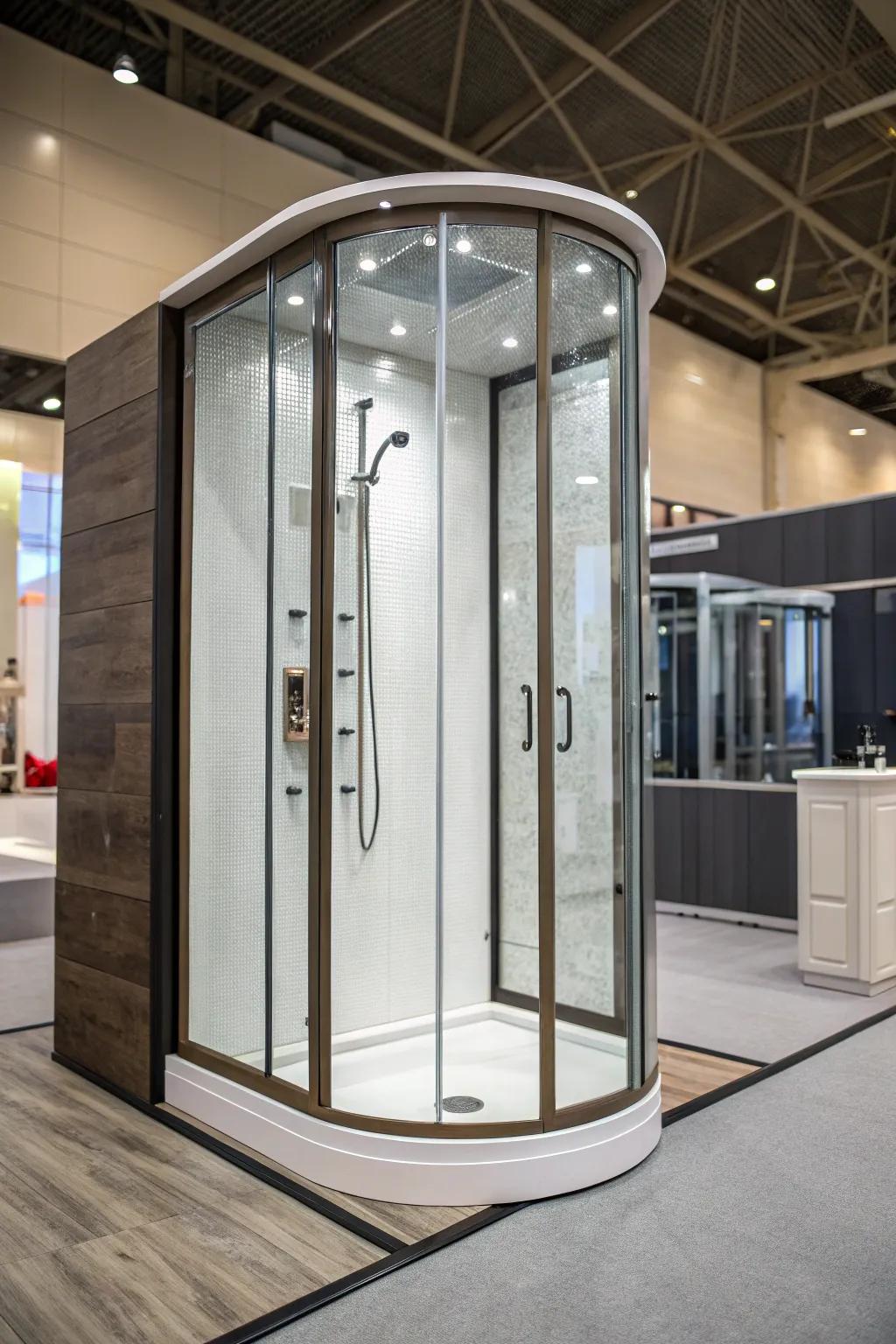 A shower stall with a rounded frame that incorporates a touch of refinement.