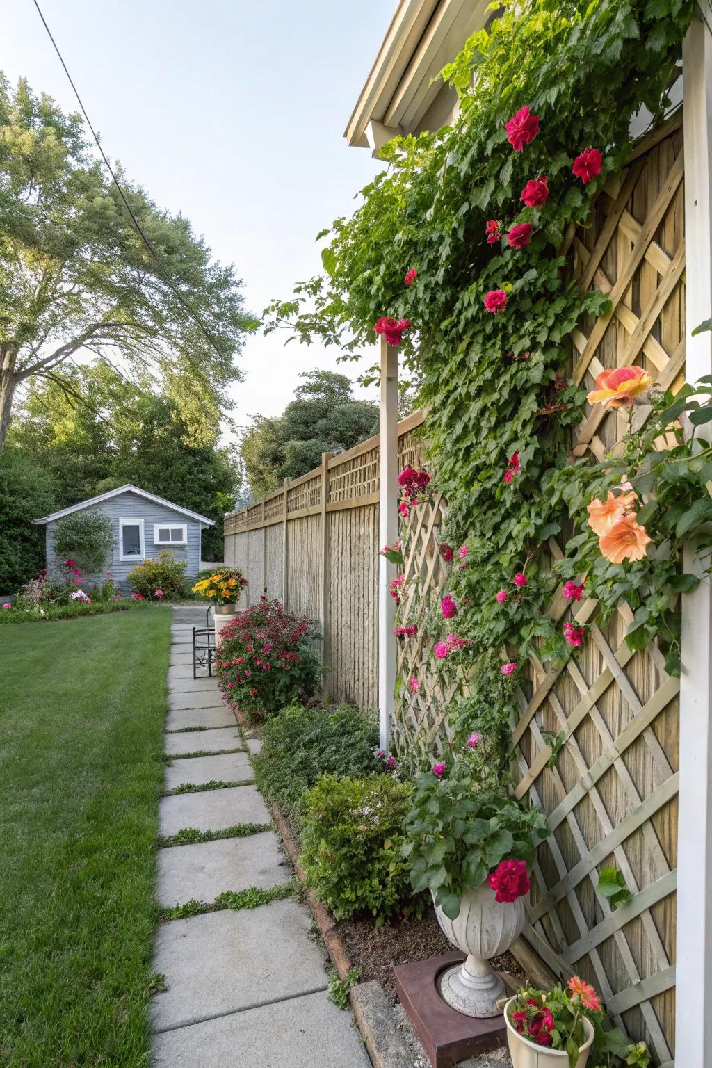 Lush side yard featuring a lattice fence.