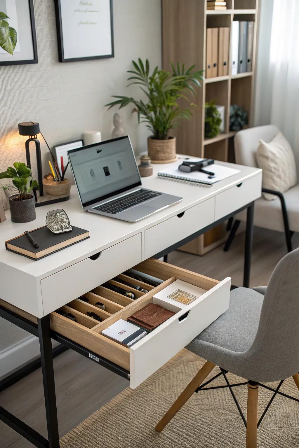 Hidden storage helps keep your workspace clean and organized.