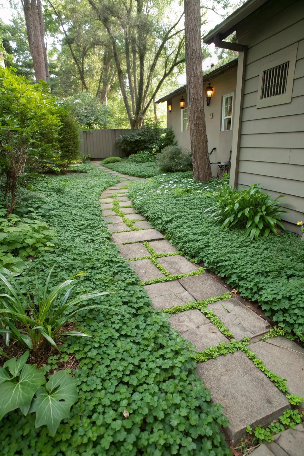Surface vegetation furnishes a lush, minimal-care substitute to grass.