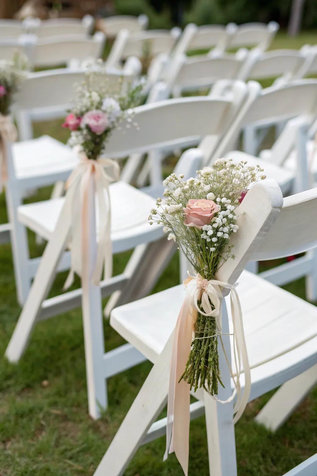 Simple ribbons and florals elegantly adorn wedding chairs.