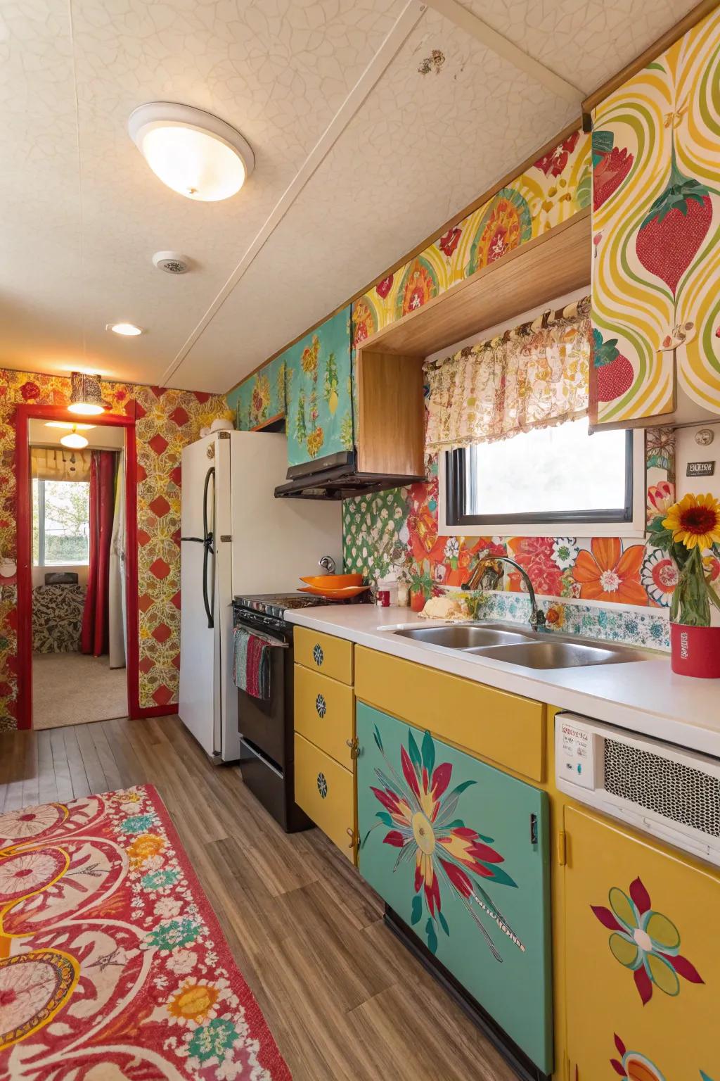 Patterned wall covering makes a striking impact.