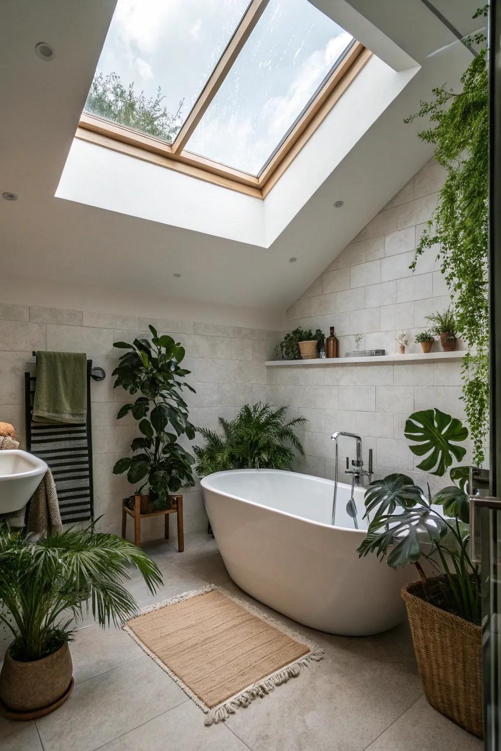 A lavatory transformed into a sanctuary-esque retreat featuring a skylight.