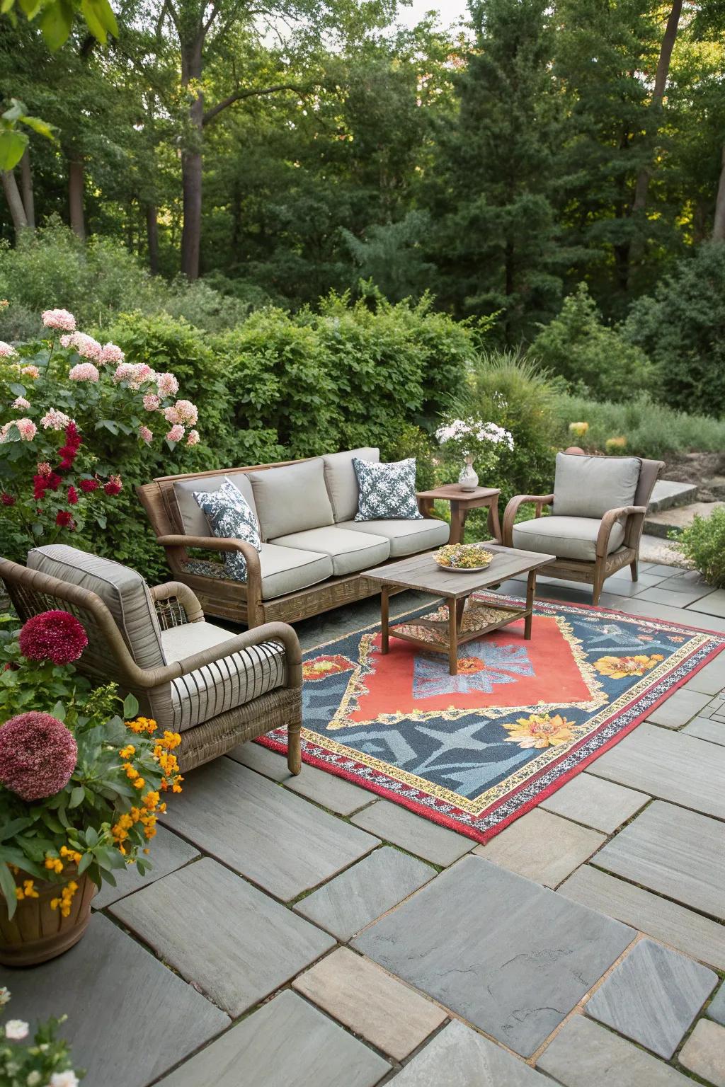 A slate patio enhanced with a vibrant outdoor rug.