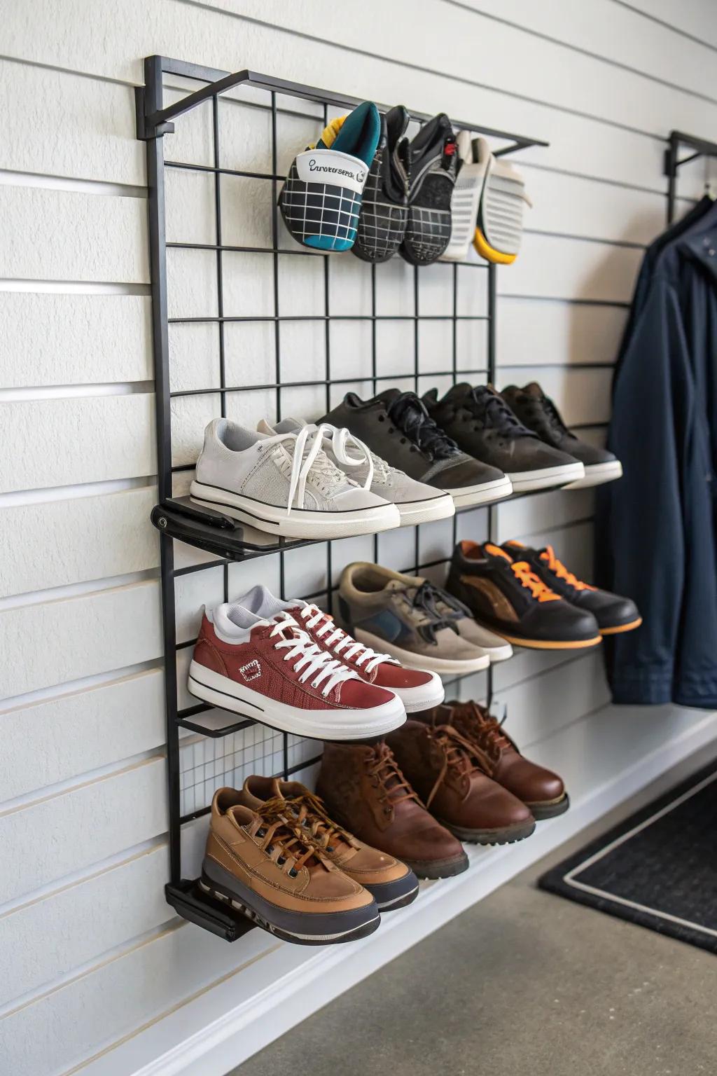 A slatwall shoe rack keeps messy shoes arranged and off the floor.
