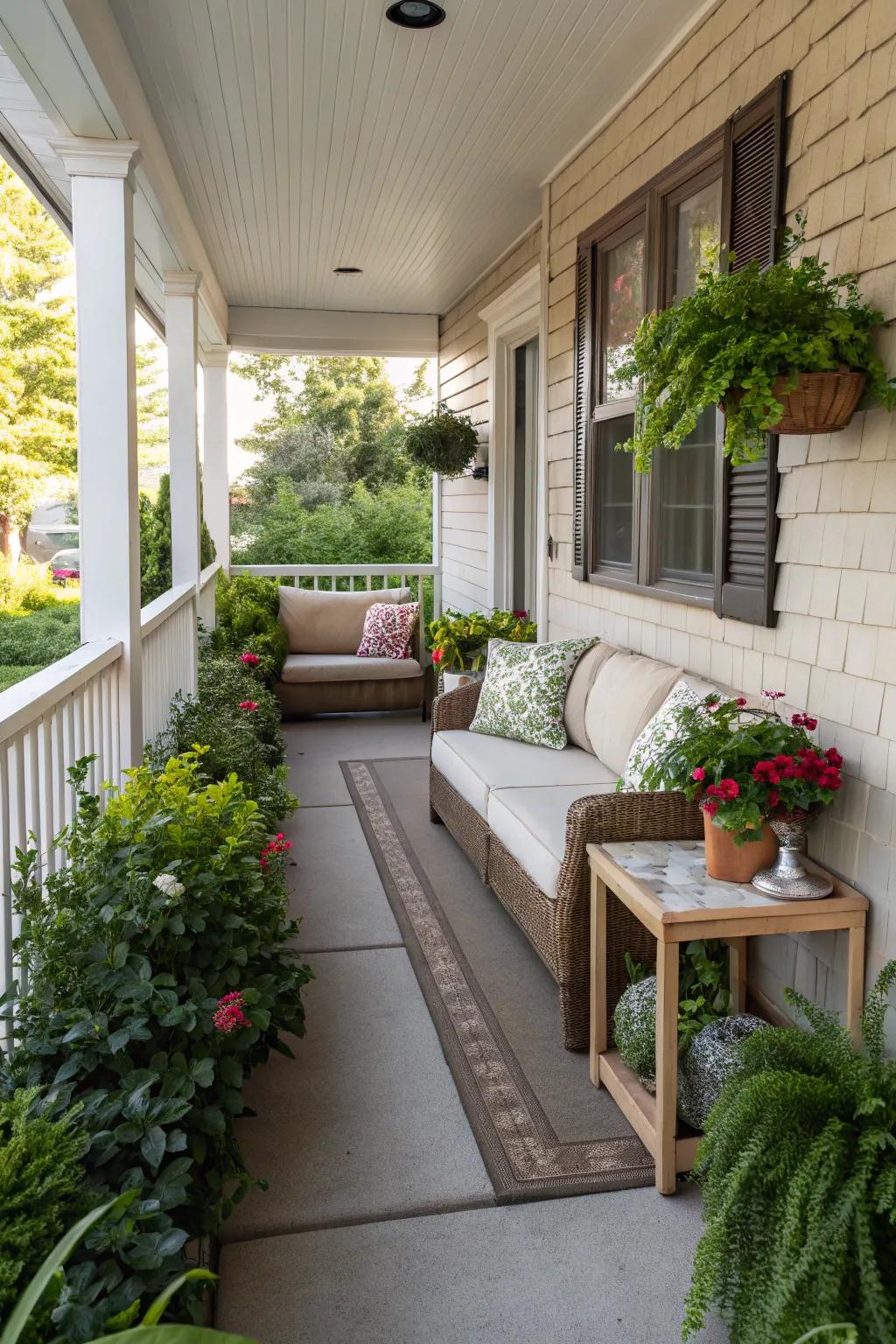 Zoning a modest veranda for seating and greenery amplifies its utility.