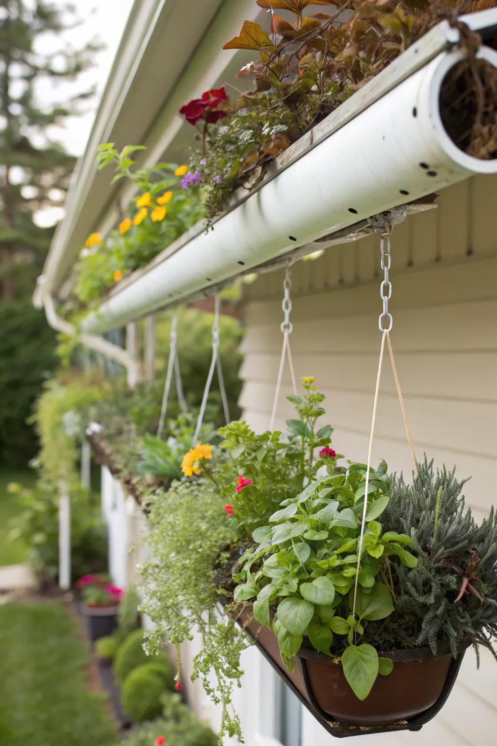 Inventive utilization of vinyl gutters converts a wall into an engaging green space.