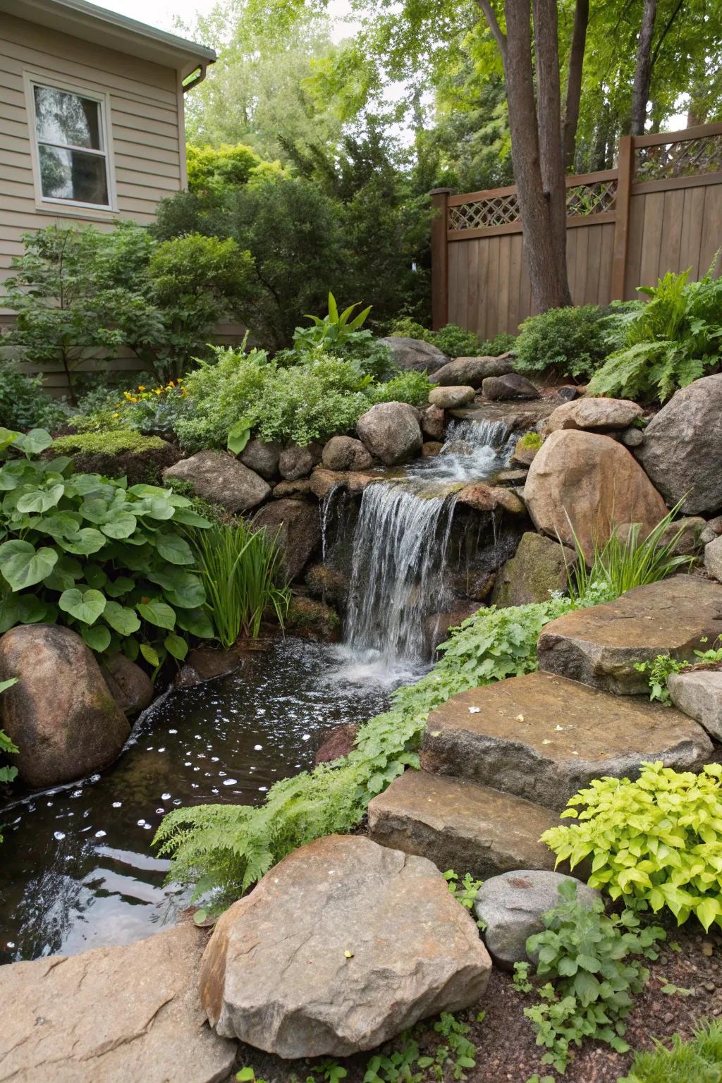 A cascade without a pond contributes comforting sound without the requirement for a pond.