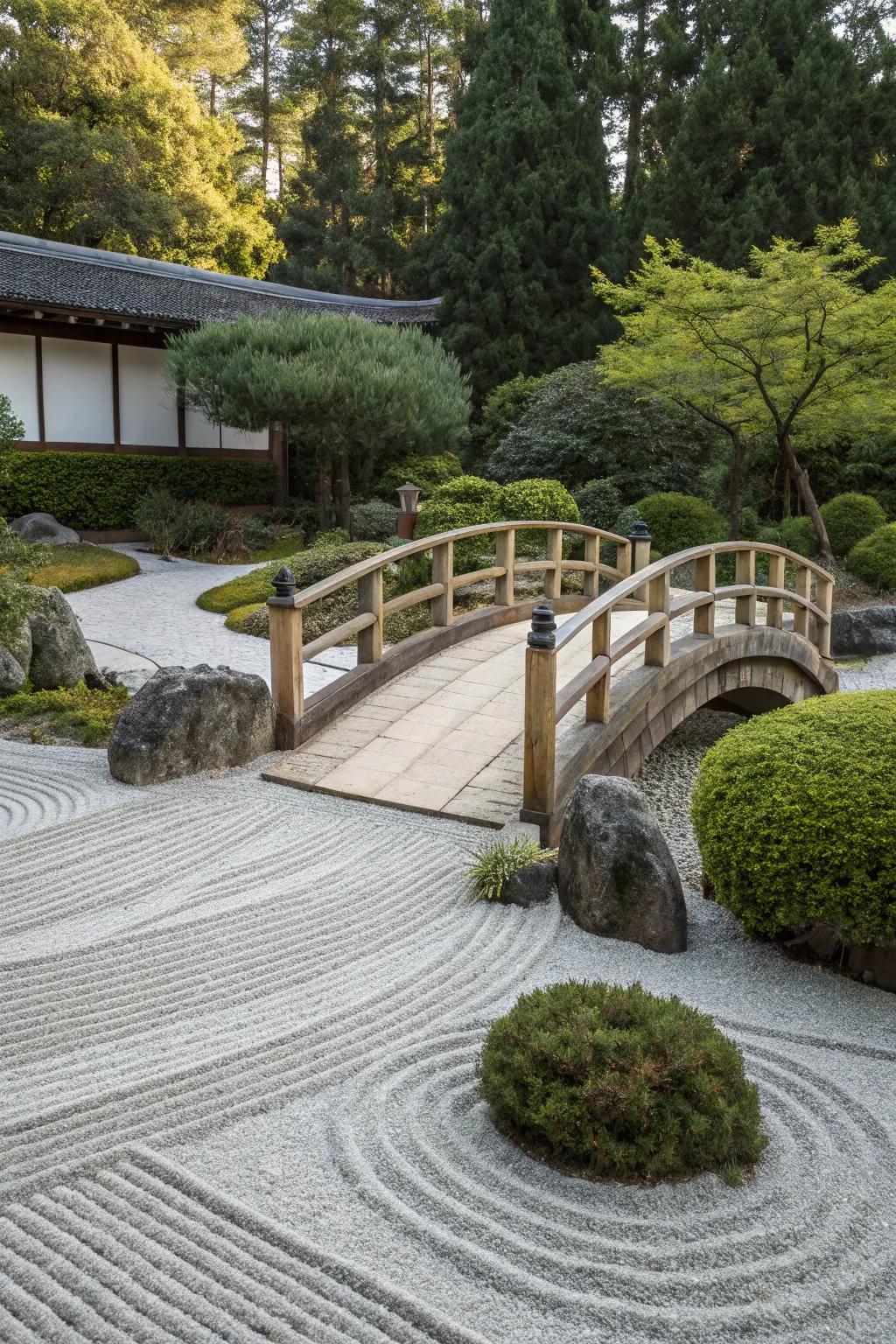 A zen garden displays a quaint wooden span over a gravel path, enhancing the overall charm.