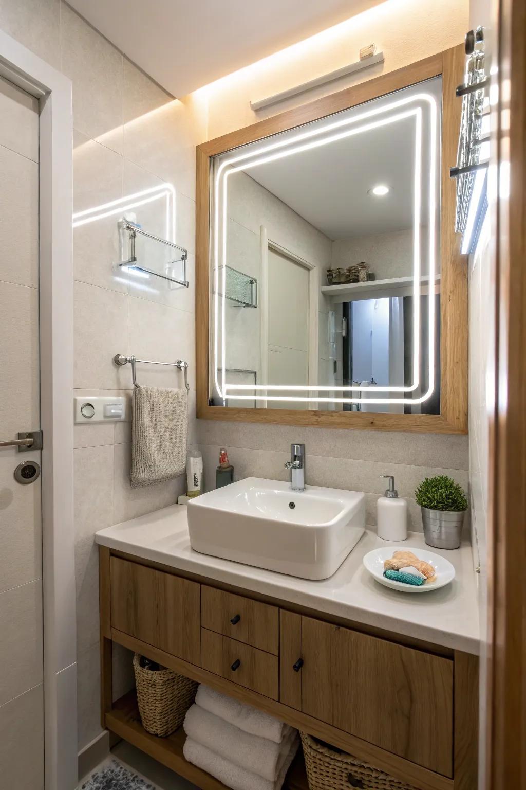 Illuminated diode mirror offering both style and utility.