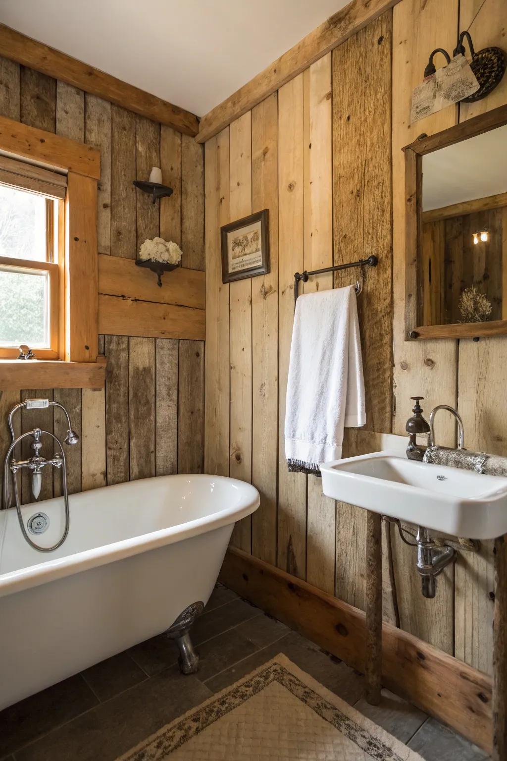 Barnwood panels are featured in a small bathroom, imparting rustic charm and warmth.