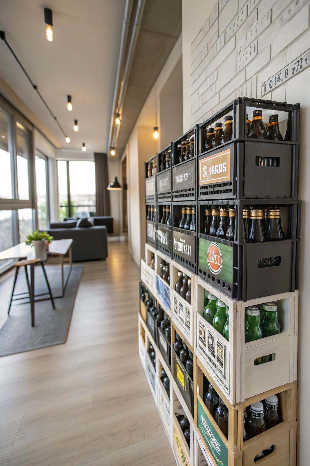 Space-conserving partition-mounted box ale presentation.