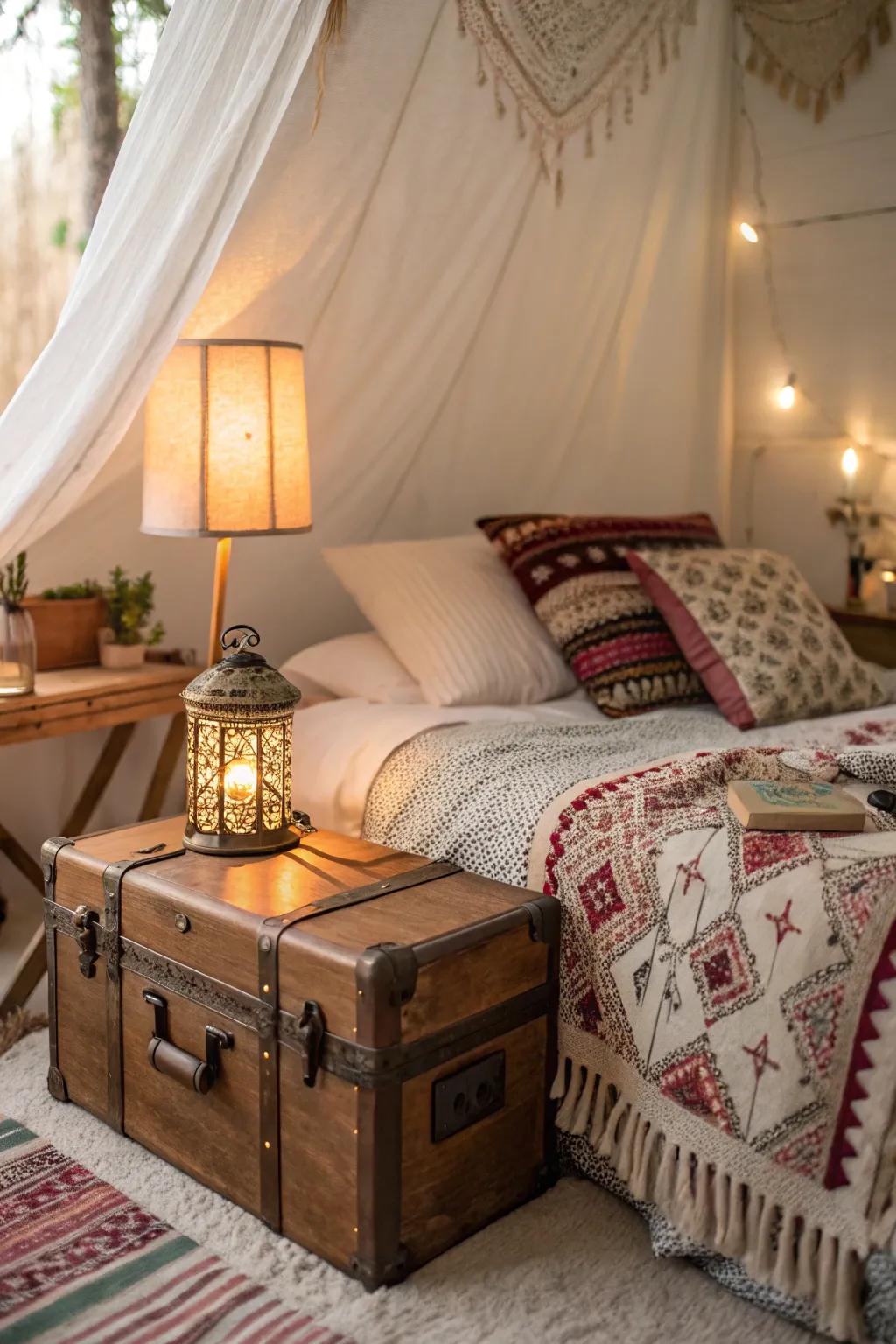 Vintage elements contribute dimension and history to this boho bedroom