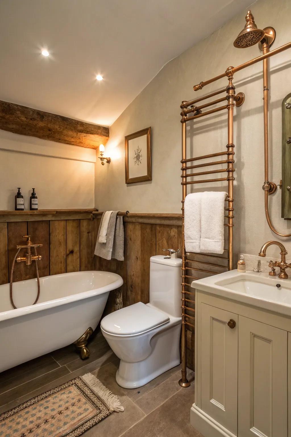 Bronze fixtures introduce vintage allure and warmth.