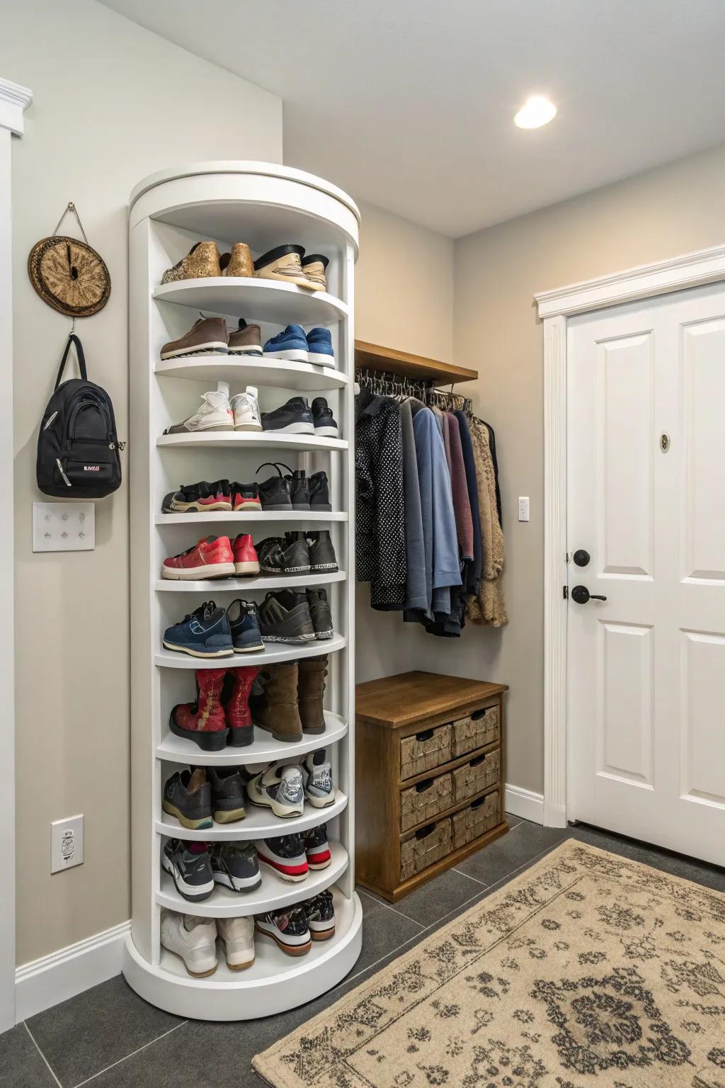 Revolving racks store multiple pairs in a compact space.