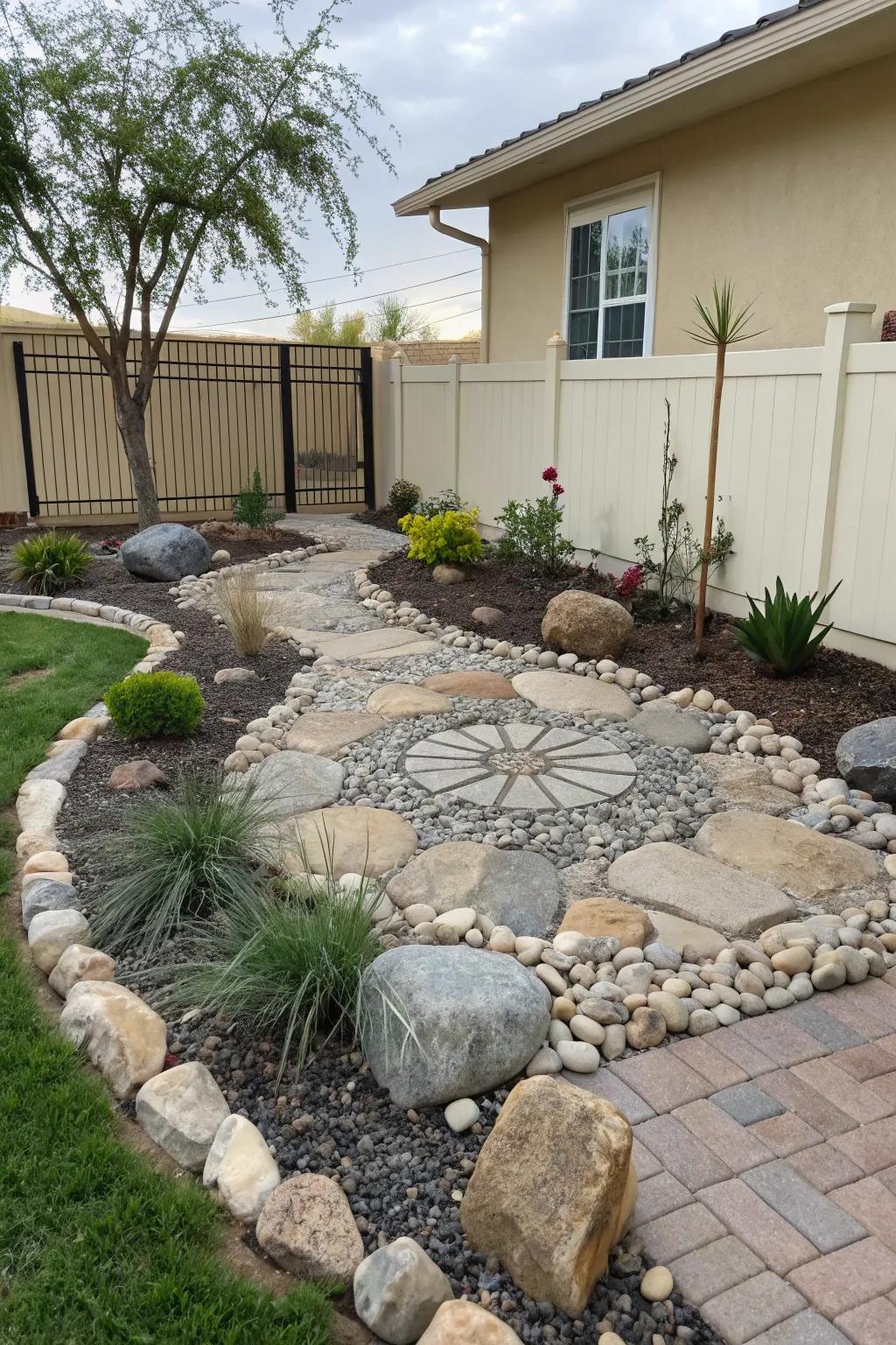 Ornamental stones establish low-maintenance focal points.
