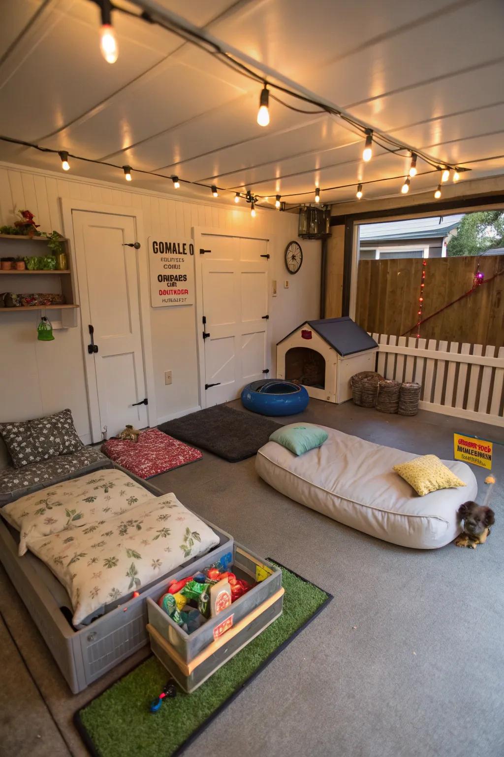 A small garage dedicated to a pet paradise.