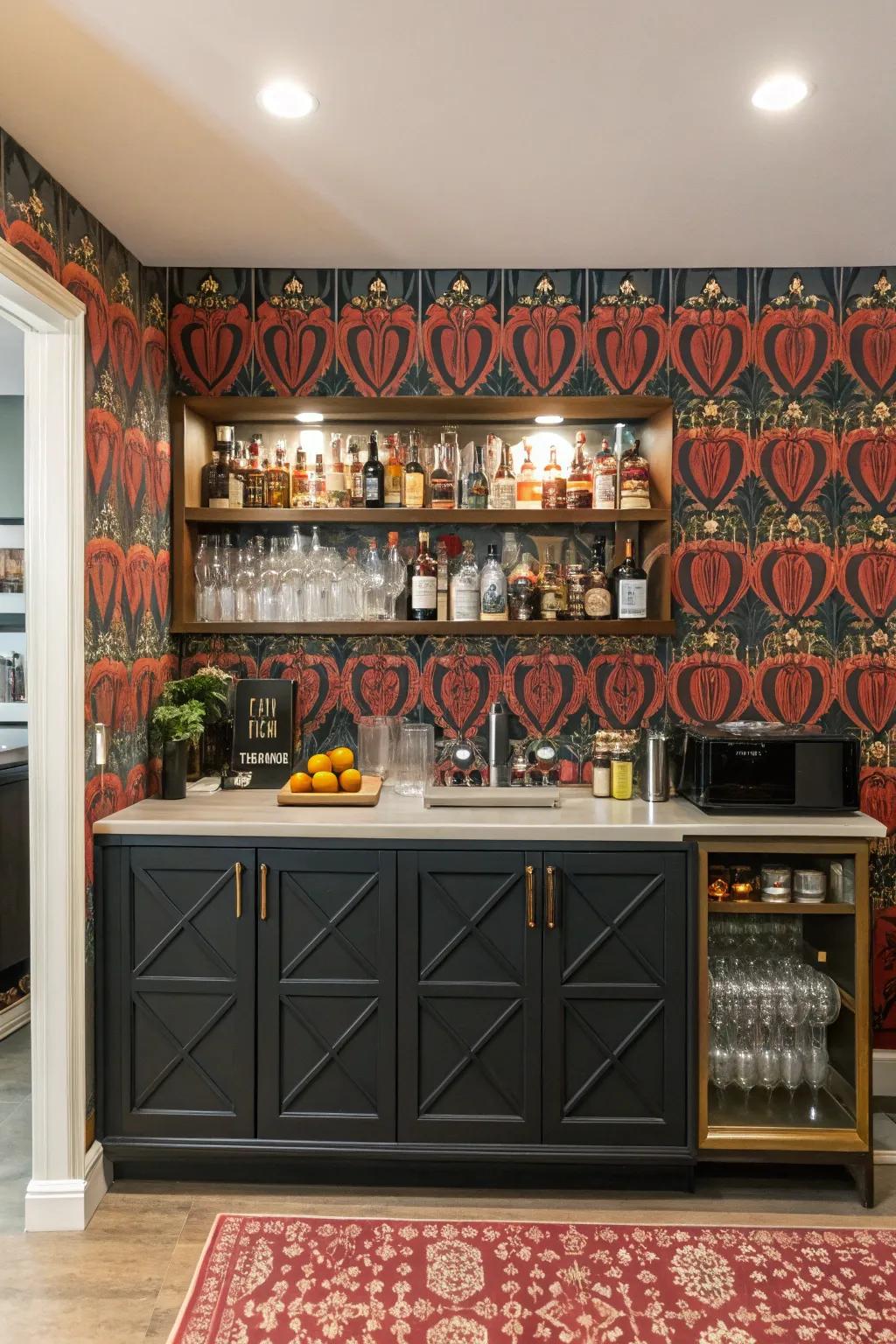 Striking wallpaper can transform your bar zone into an attention-grabbing feature.