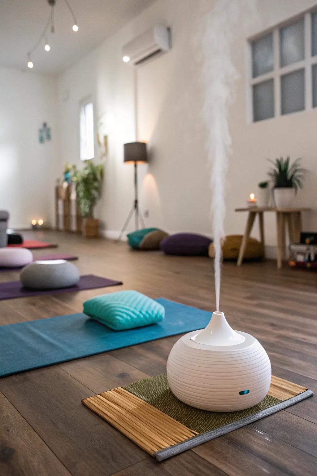 Yoga room enhanced with soothing scents and sounds.