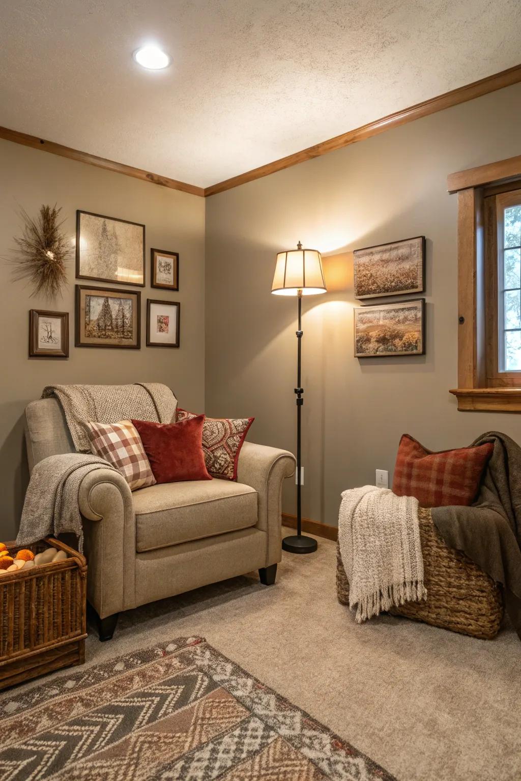 A small living room with taupe walls for a cozy feel.