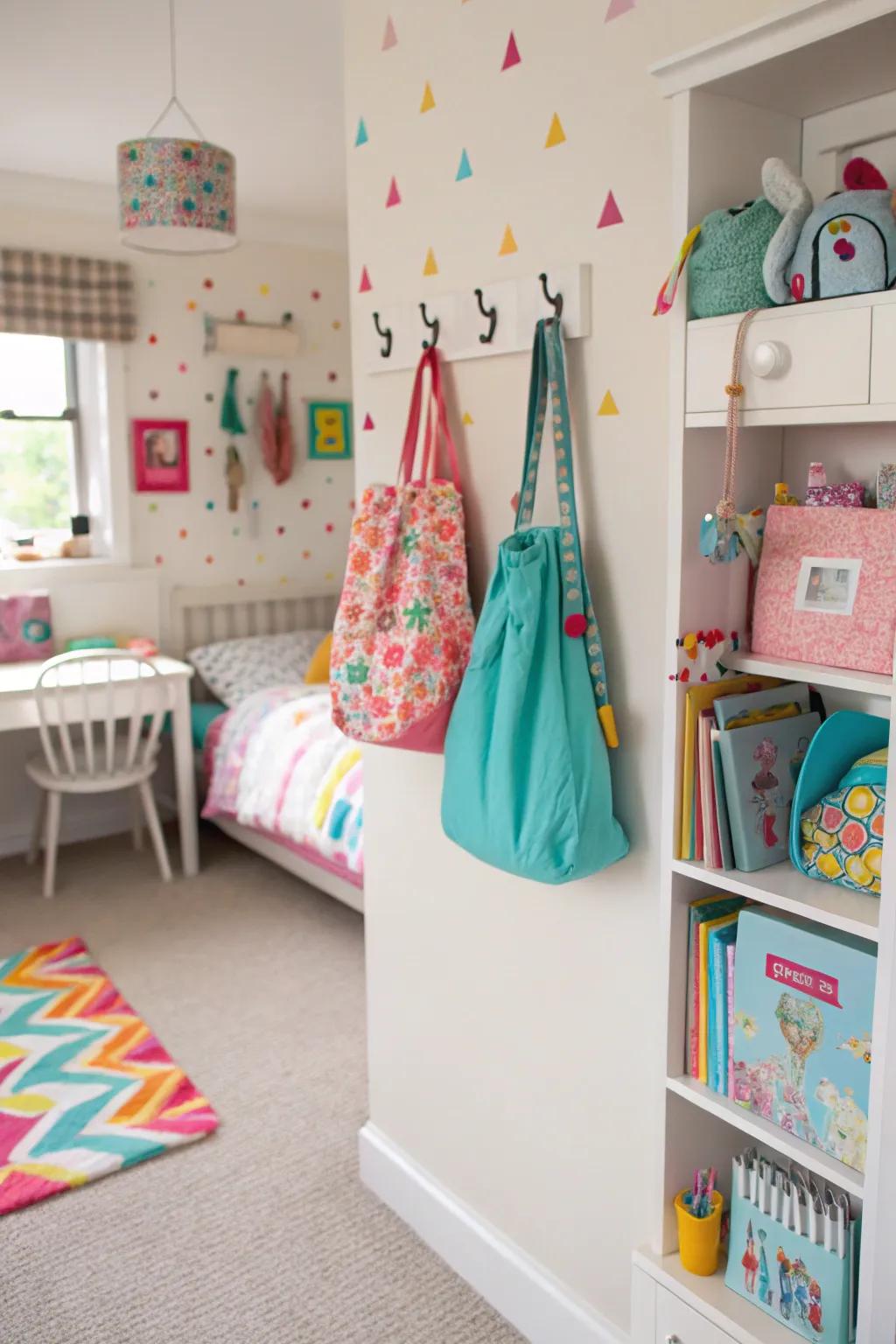 Wall hooks help organize.