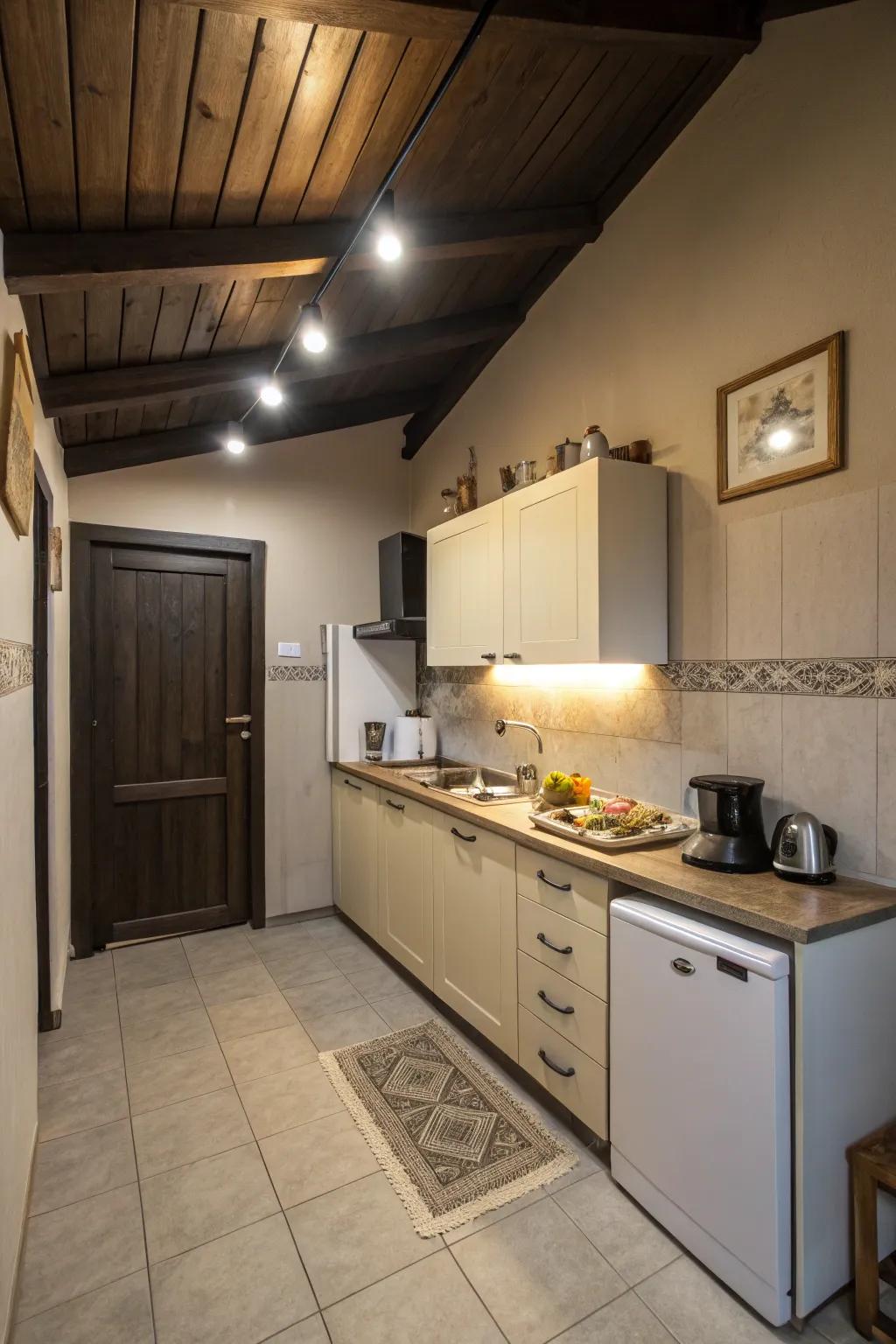 Shadowy upper spaces cultivate a dramatic and intimate ambiance in smaller kitchens.