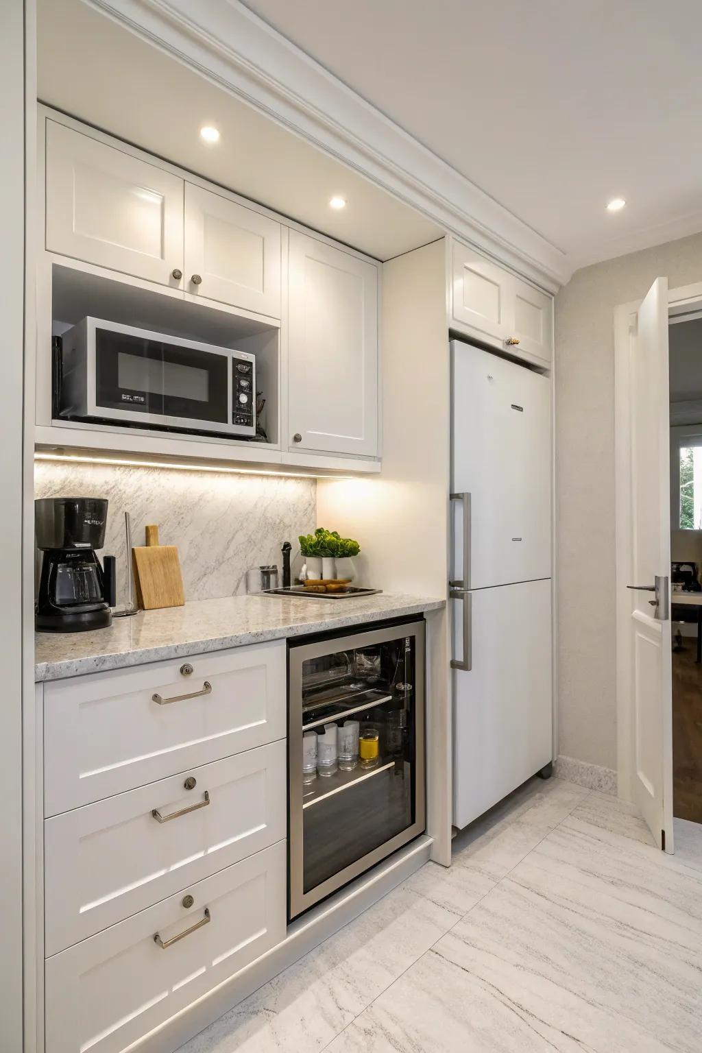 Incorporated household devices produce a streamlined, uncluttered cooking space visual.