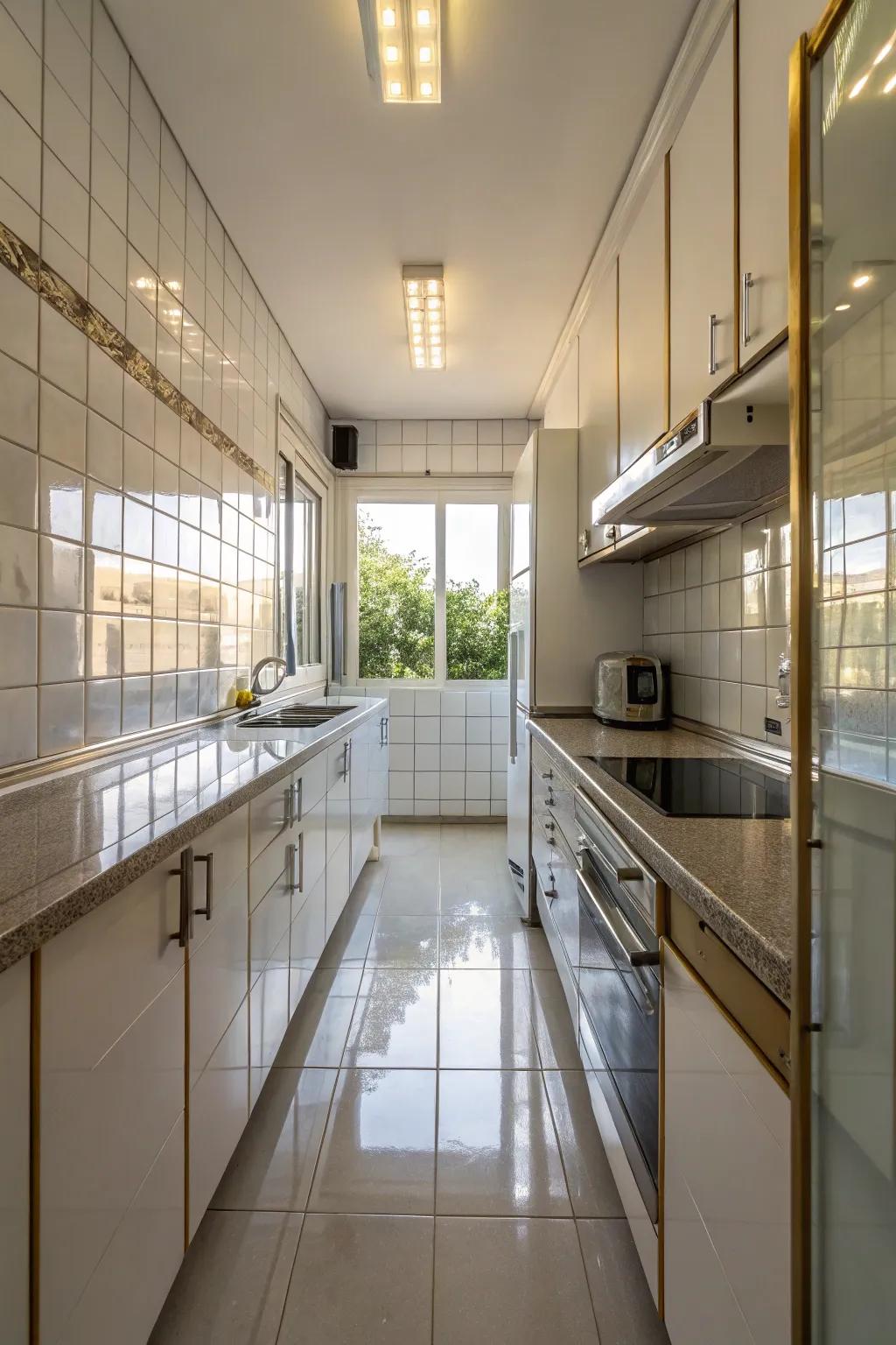 Reflective surfaces expand the visual space in a small kitchen.