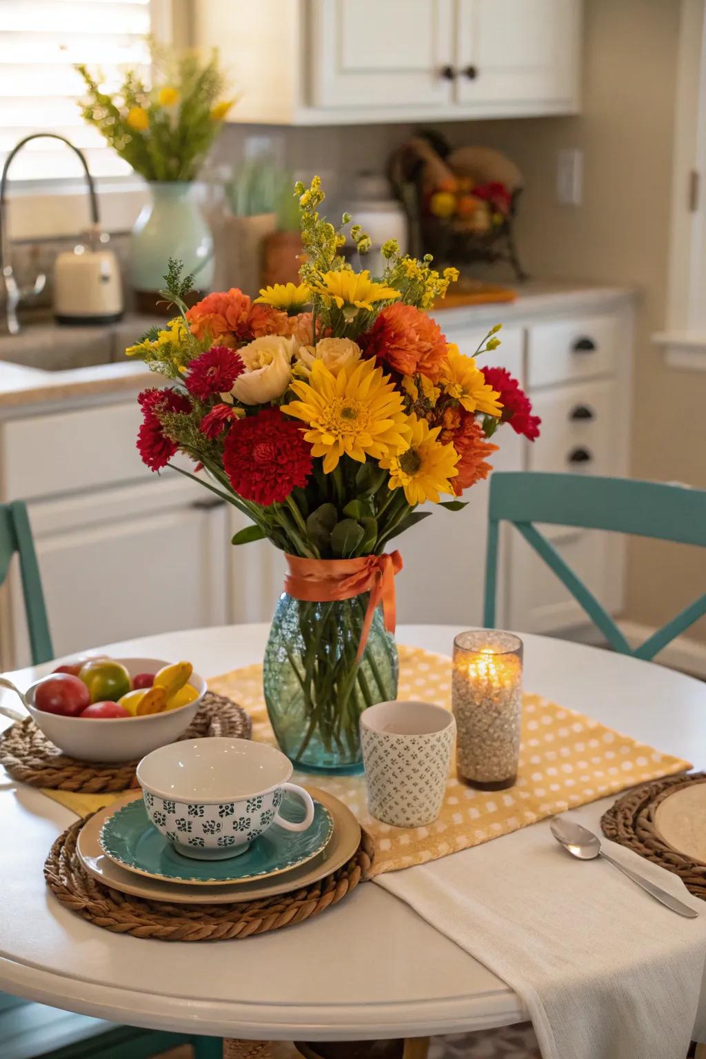 A colorful centerpiece enlivening a compact dining space.