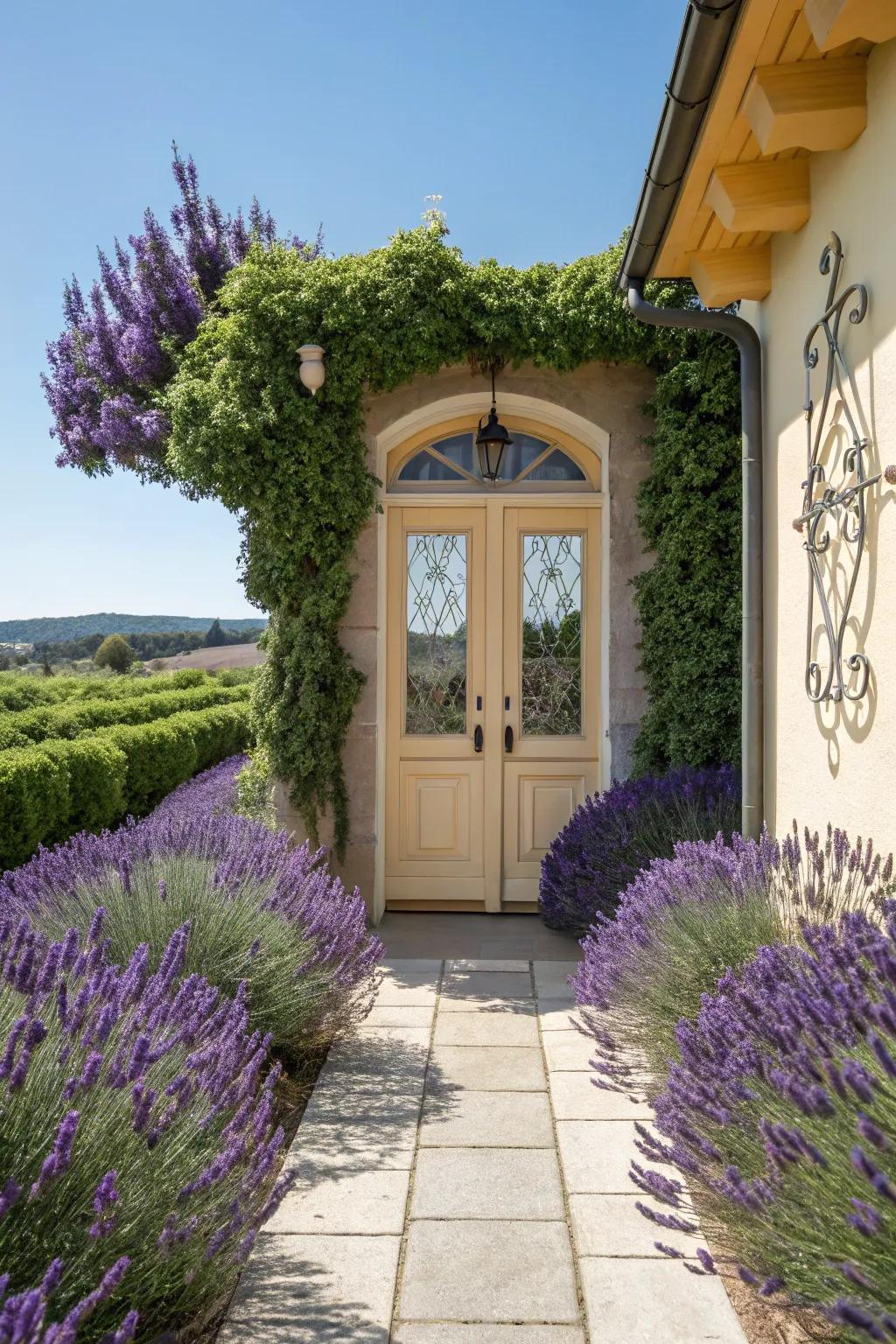Lavender-framed entrances extend a warm welcome.