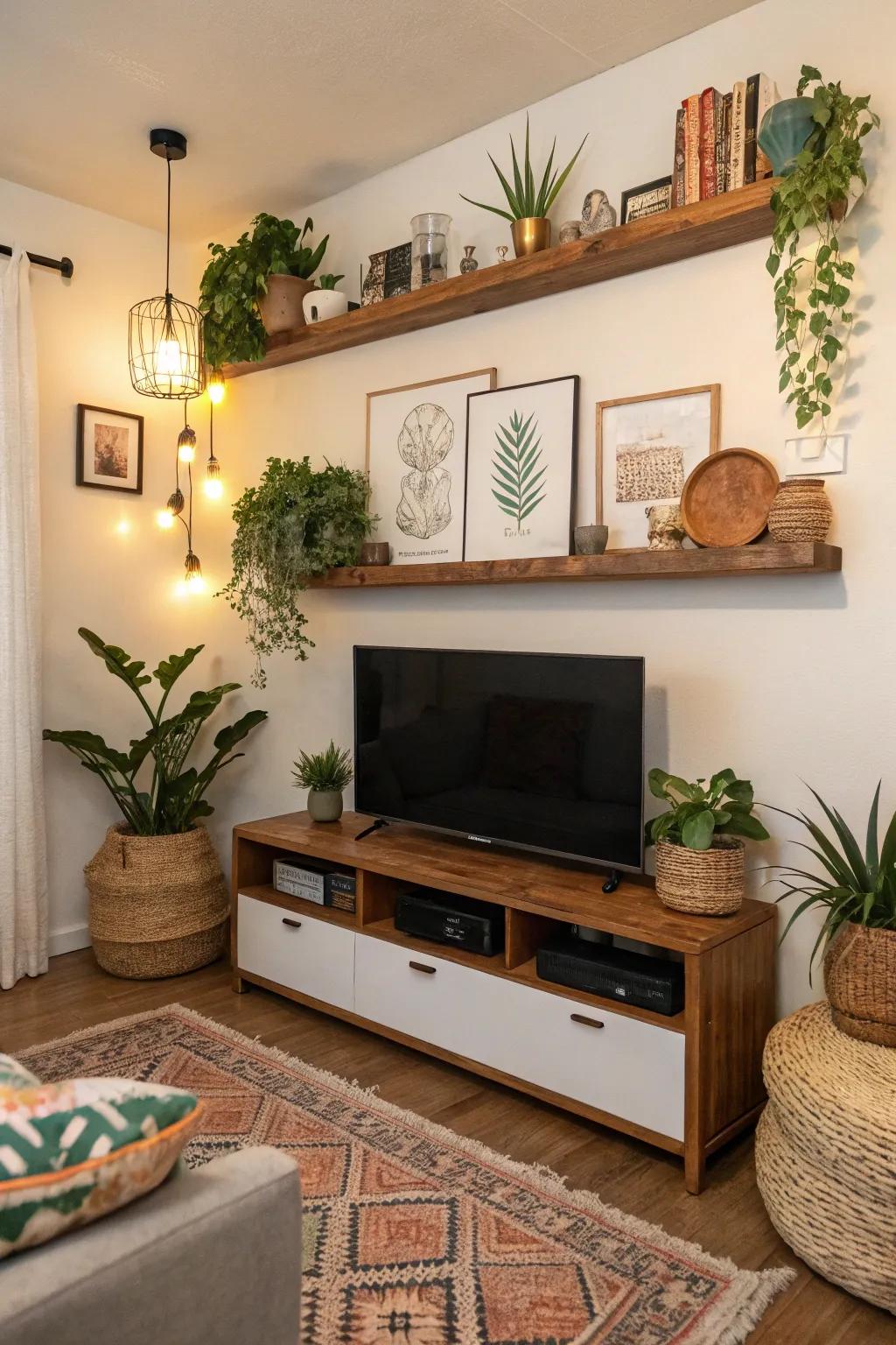 Suspended boards incorporate ornamentation and storage without clutter.