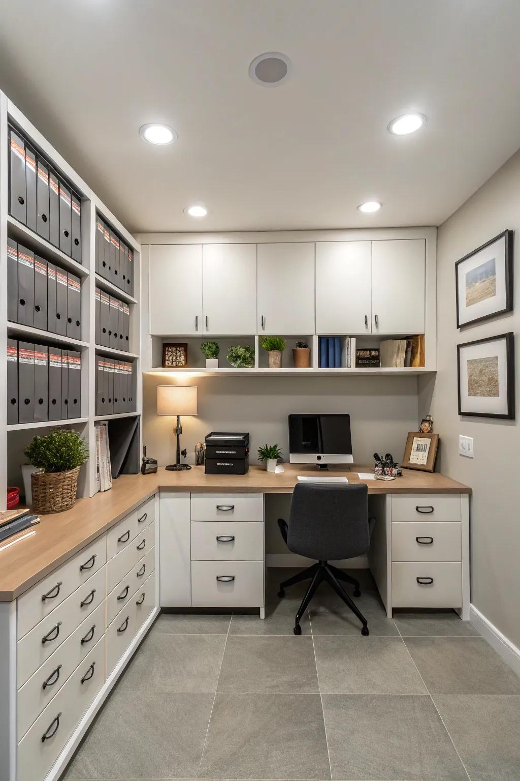 Symmetrical arrangements introduce a sense of balance and calm to compact workspaces.