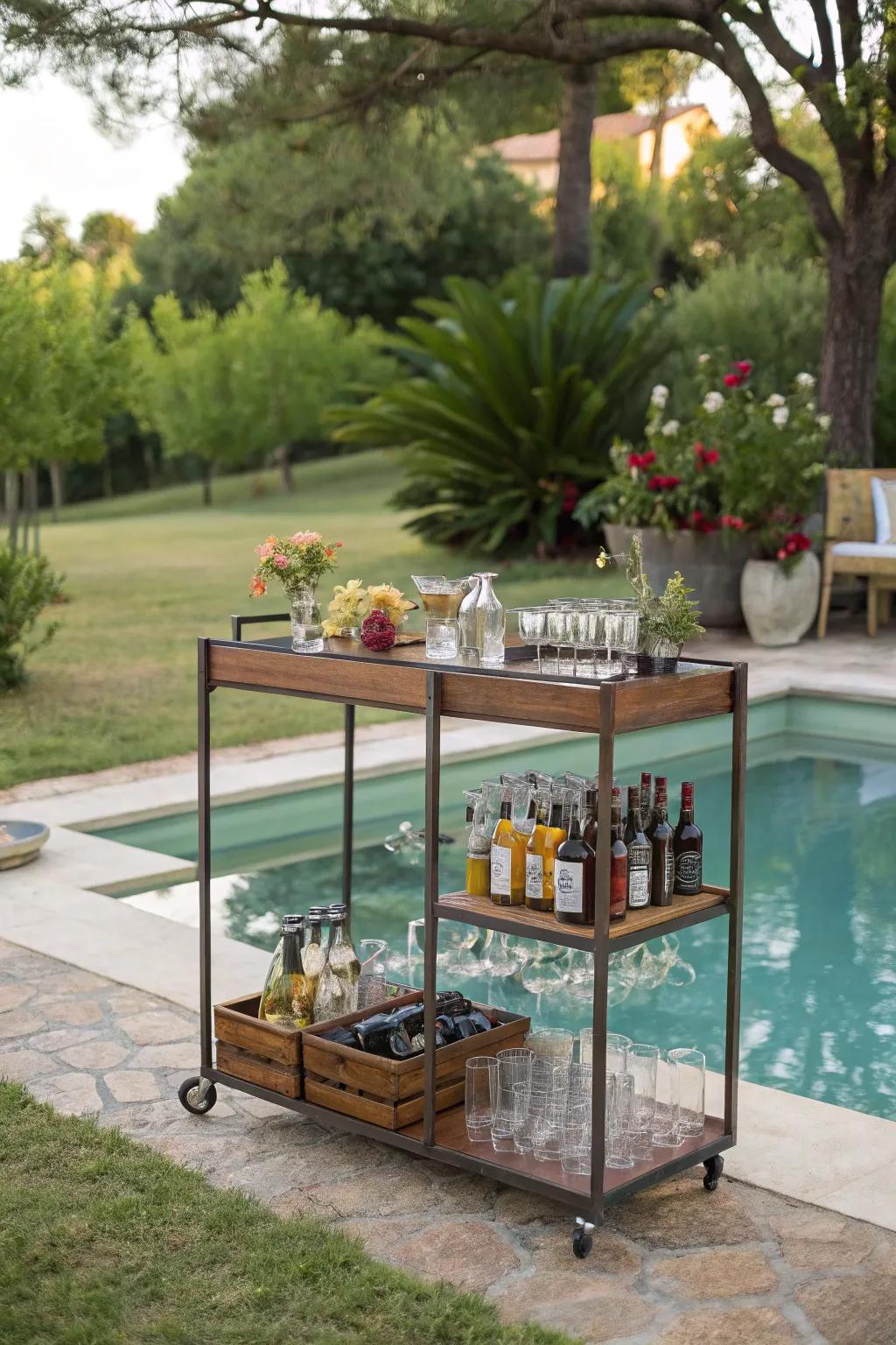 A mobile bar caddy delivers adaptability and ease for poolside entertainment.