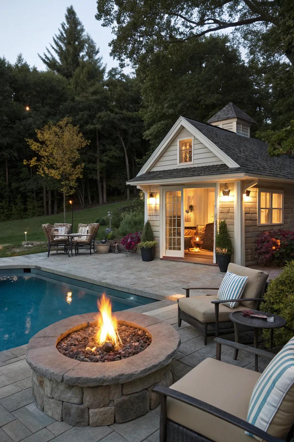 A flame area adding warmth and vibe to the poolside.