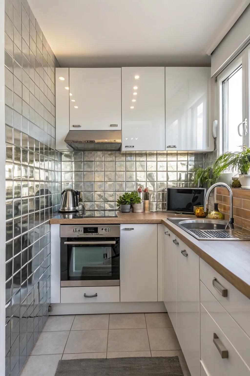 Reflective tiling imparting a more expansive atmosphere to a compact kitchen.