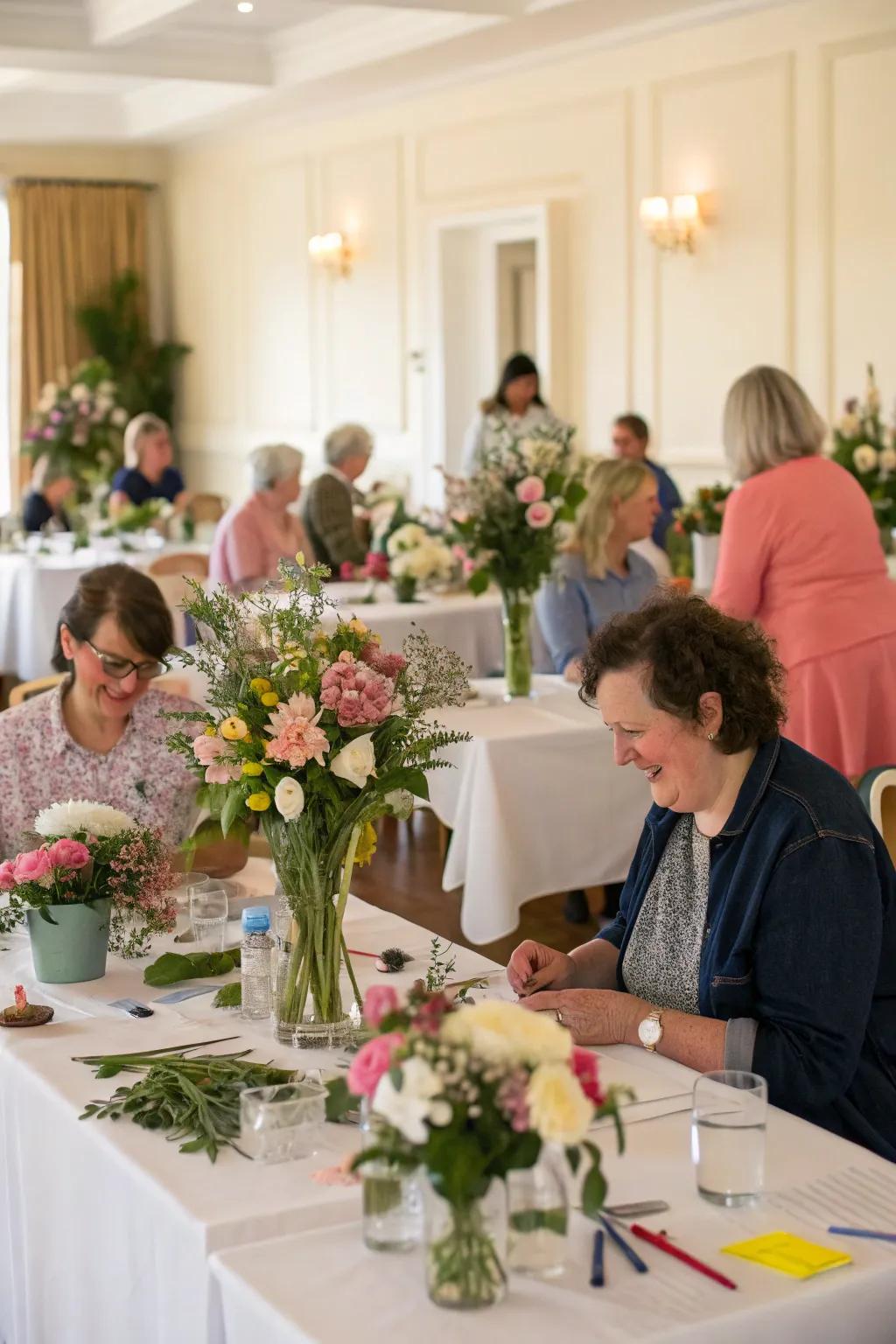 Attendees reveling in a floral design session at a residential wedding.