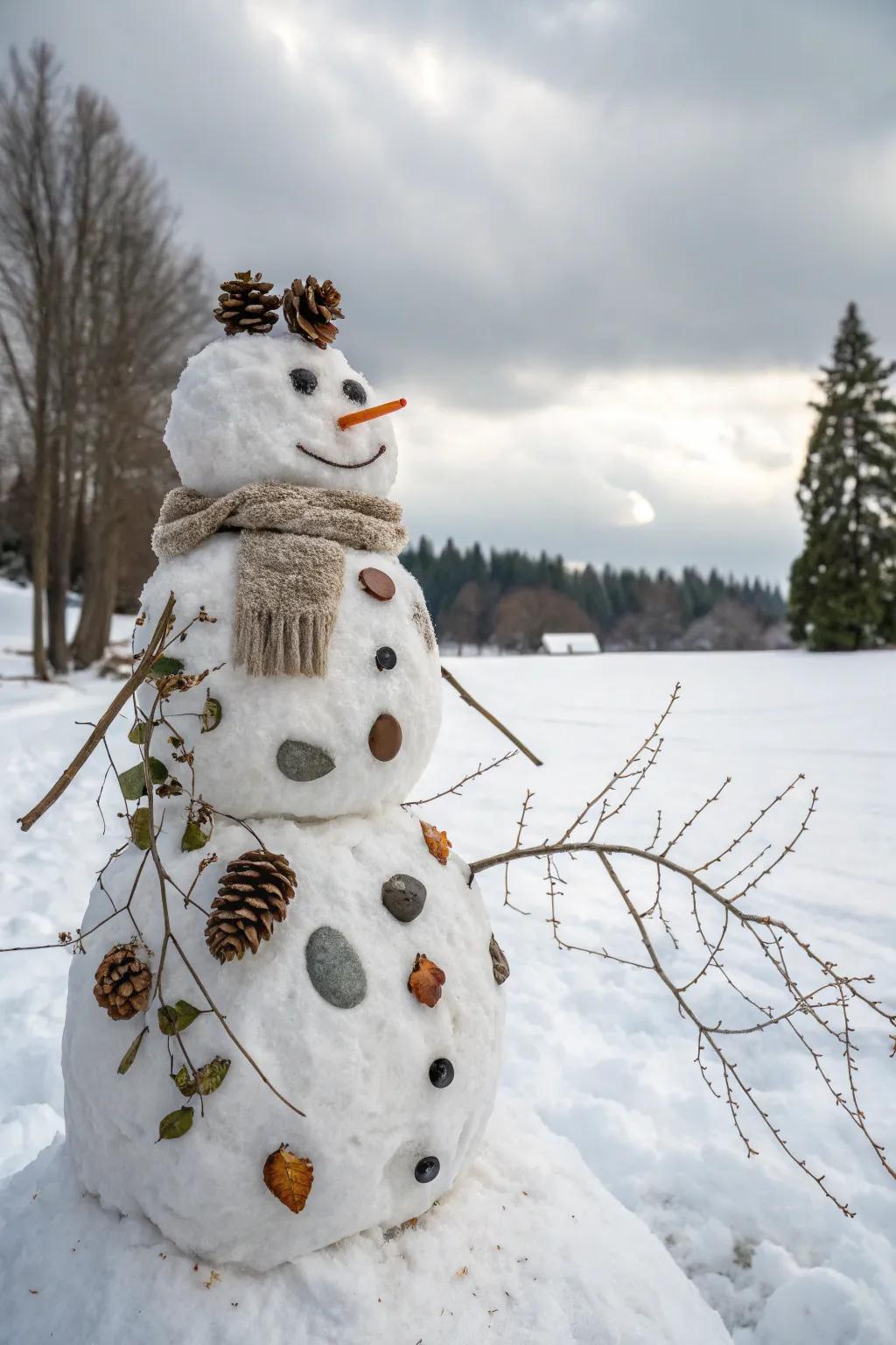 An environmentally-conscious snow figure adorned with natural constituents.