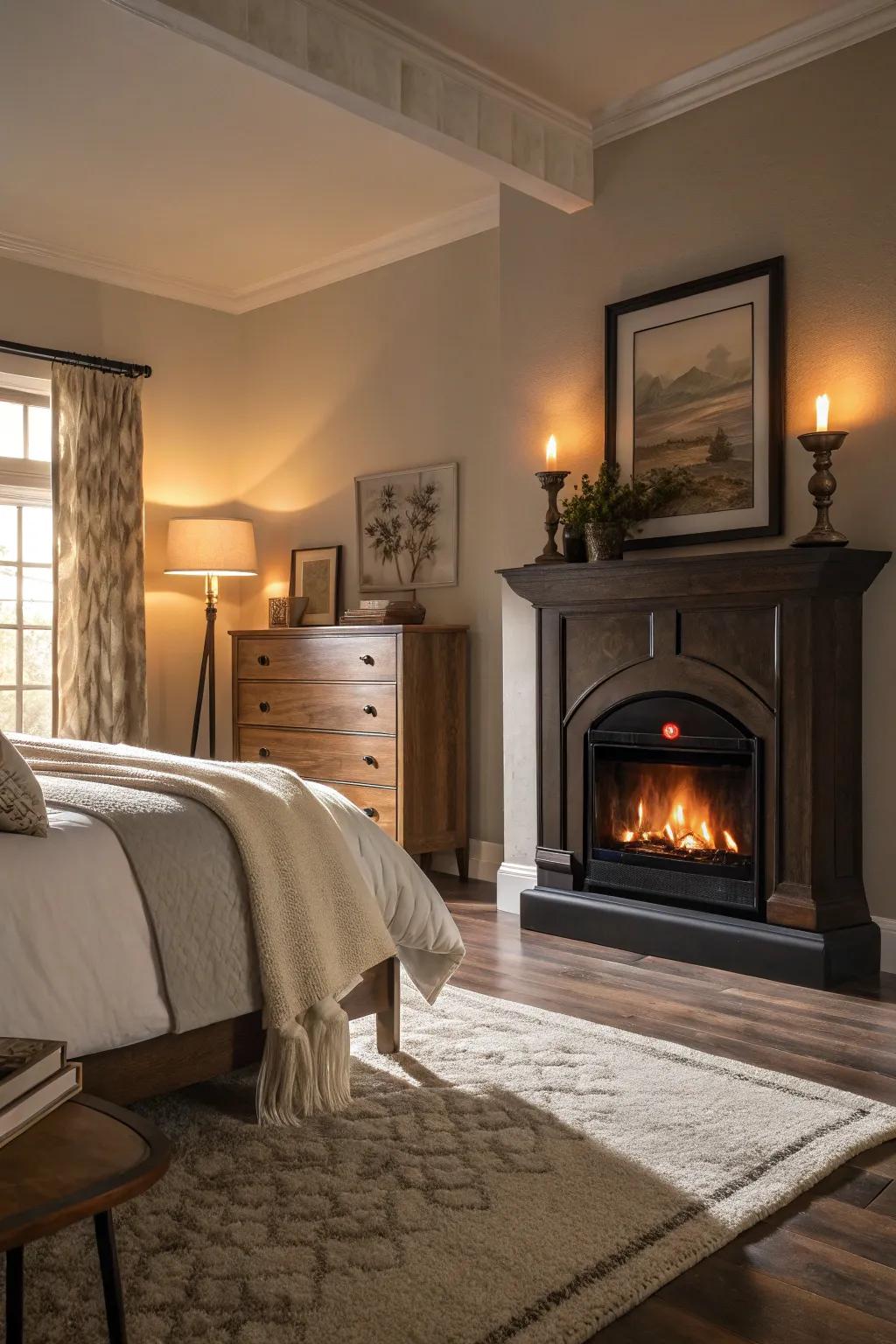 An electric fireplace introduces relaxing warmth to your bedroom.