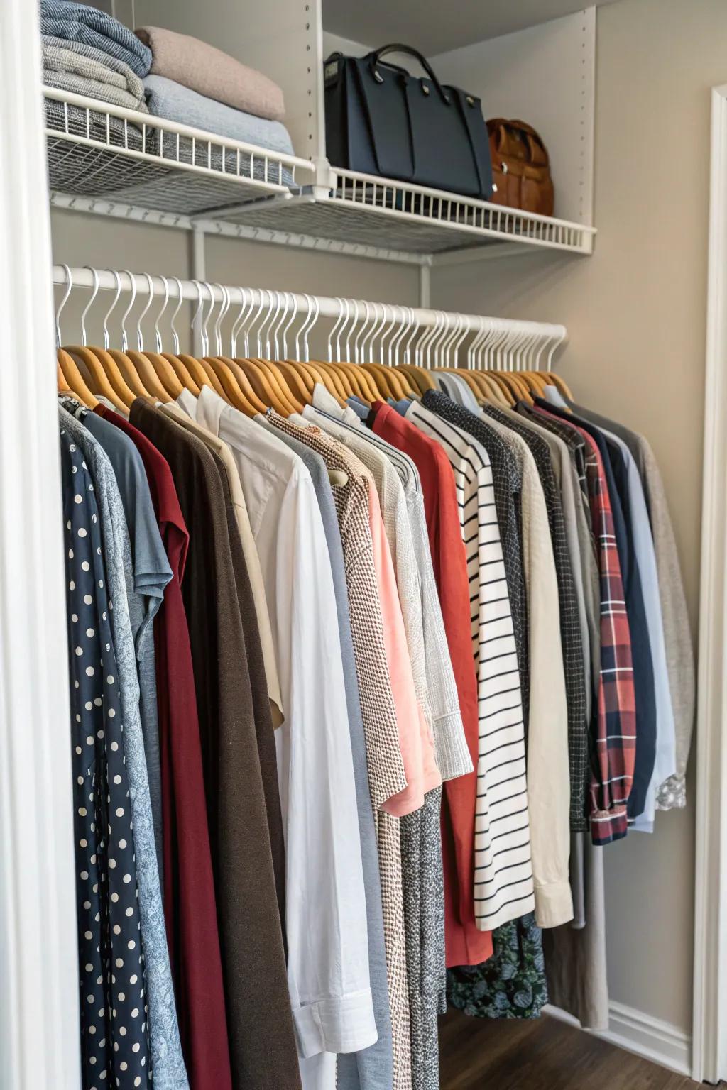 Tiered hangers maximize vertical storage via the efficient stacking of garments.