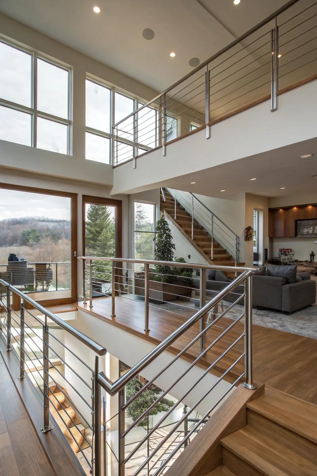 Modern stainless steel railings adding sophistication to a split-level home.