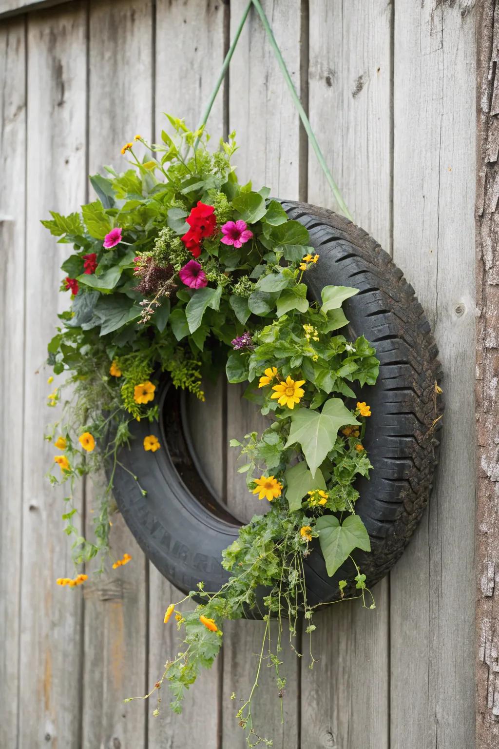 A rustic tire wreath perfect for farmhouse décor.