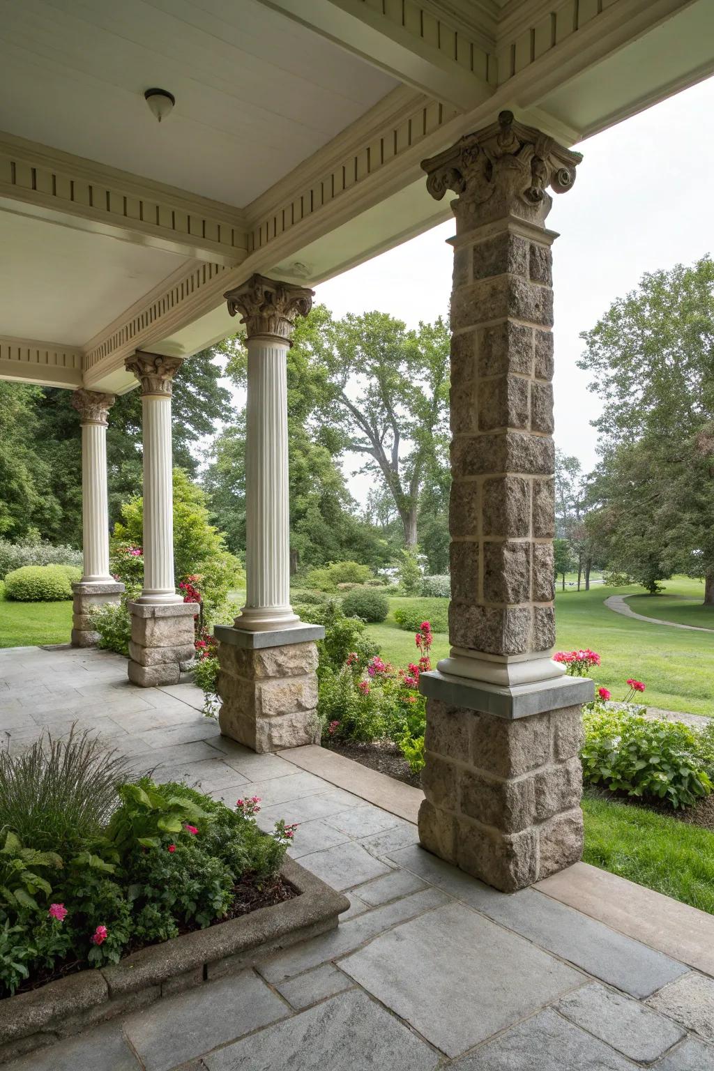 Stone-wrapped bases add solid beauty to square columns.