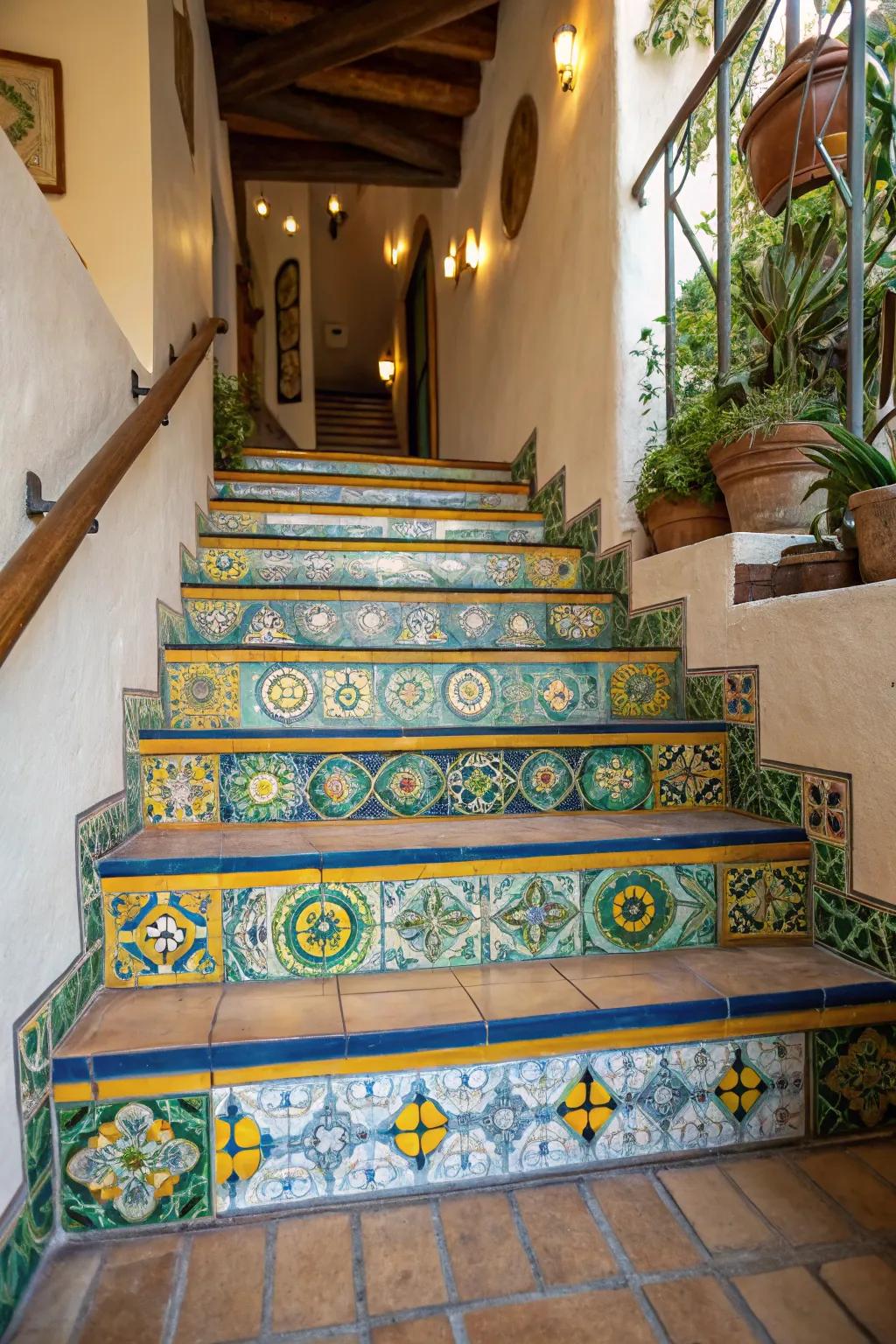 Use colorful tiled risers to create a Mediterranean vibe.