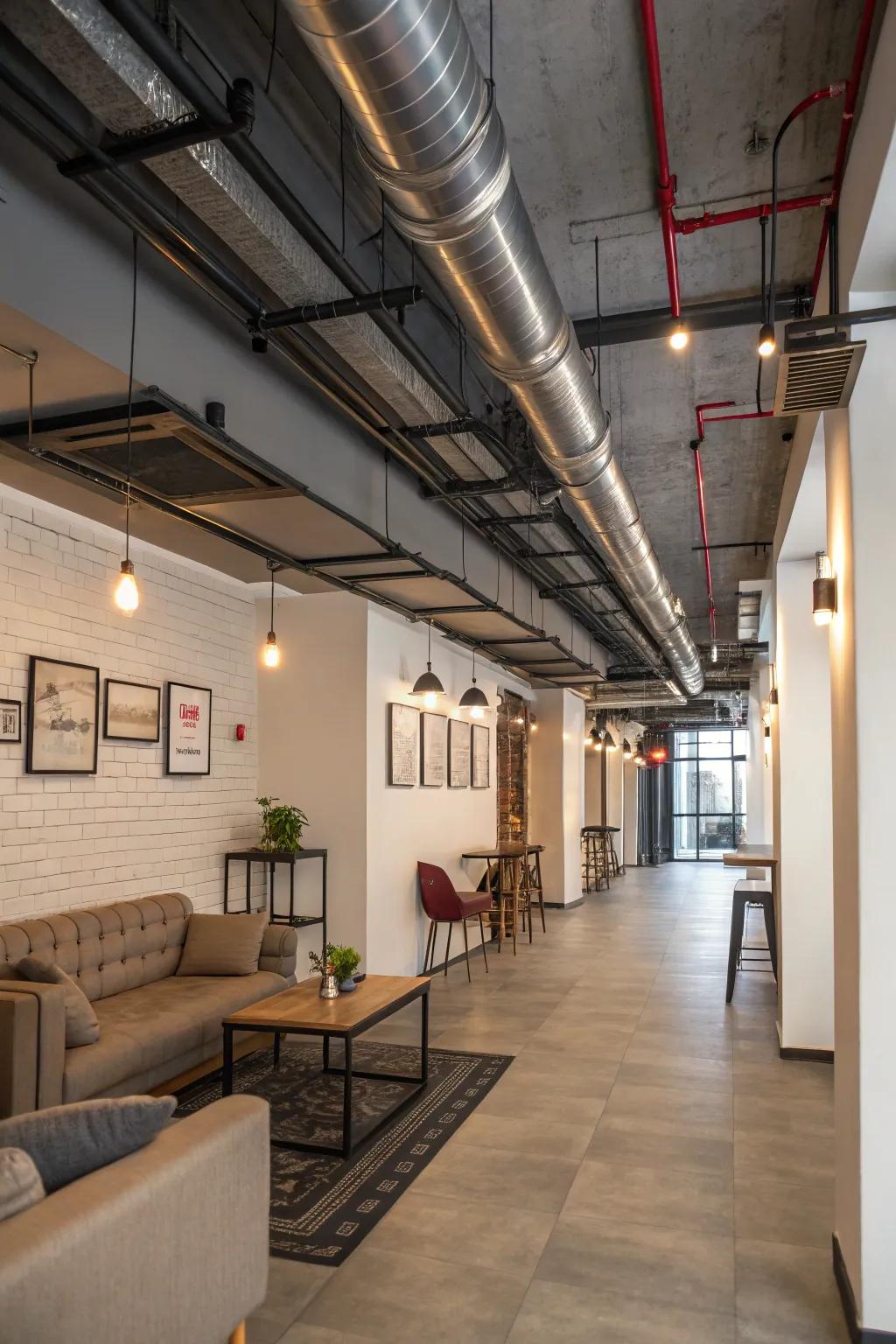 Exposed conduits contribute to the industrial allure of a steampunk area.