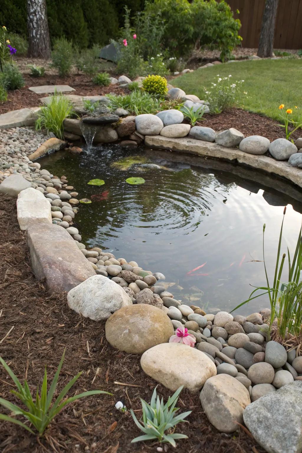 Outline your pond beautifully with stones and mulch.