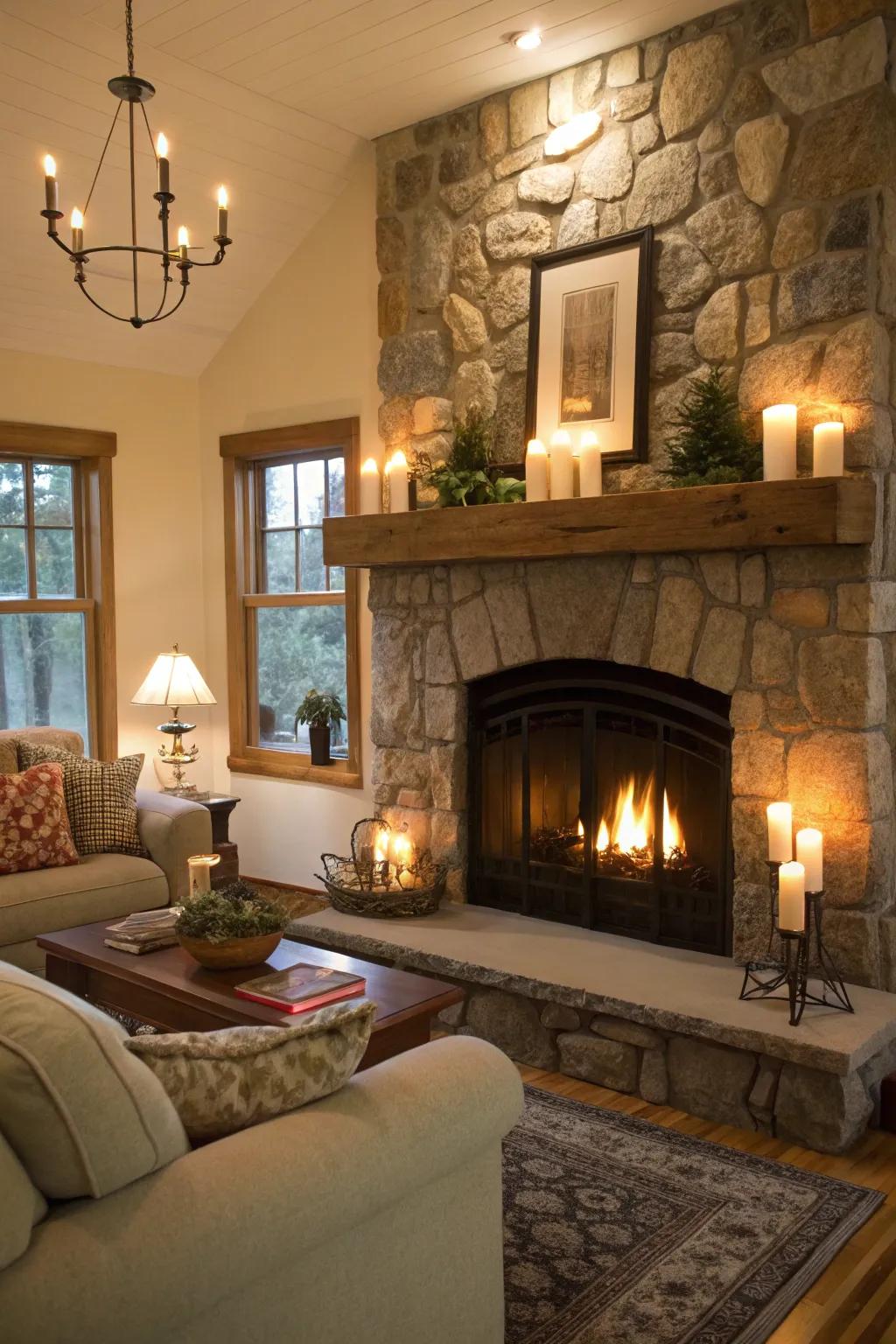 An inviting area showcasing a stone fireplace alongside a lighting component-illuminated mantel.