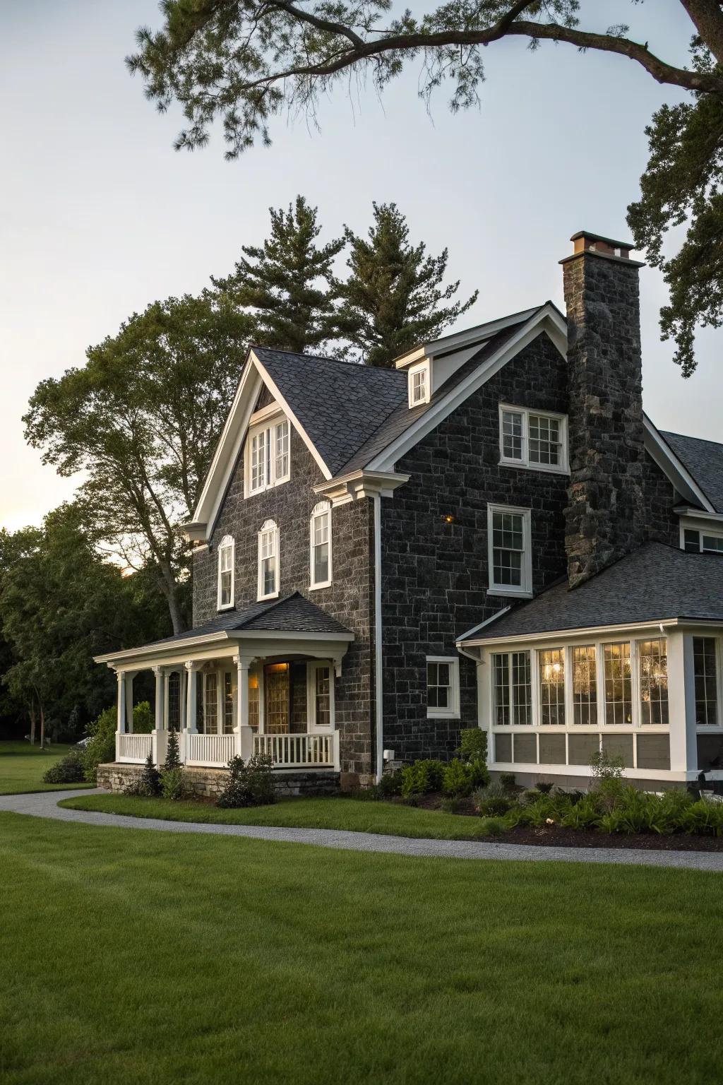 A striking house facade with daring, deep shade stone elements.