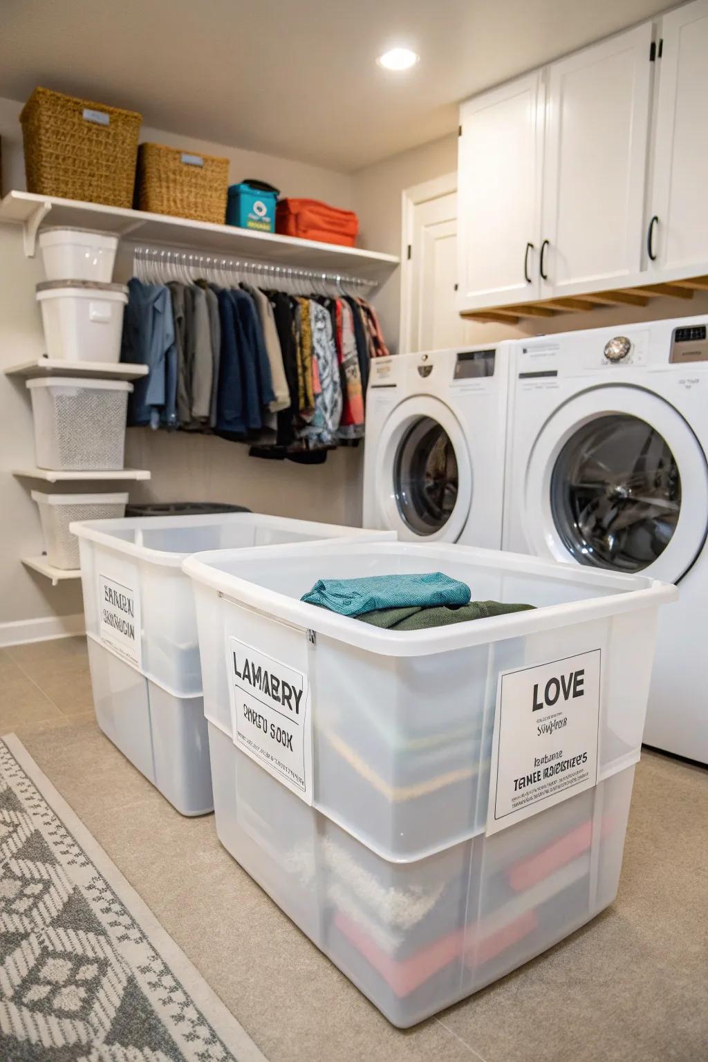 Plastic bins streamline laundry day efficiency.